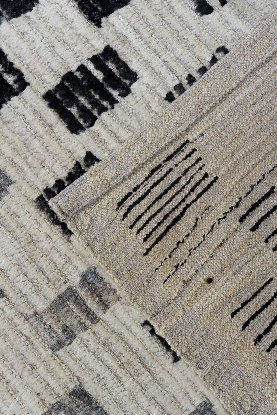 8' x 12' one-of-a-kind handmade vintage Tulu large size rug. Color palette: ivory, charcoal, gray, cream, black