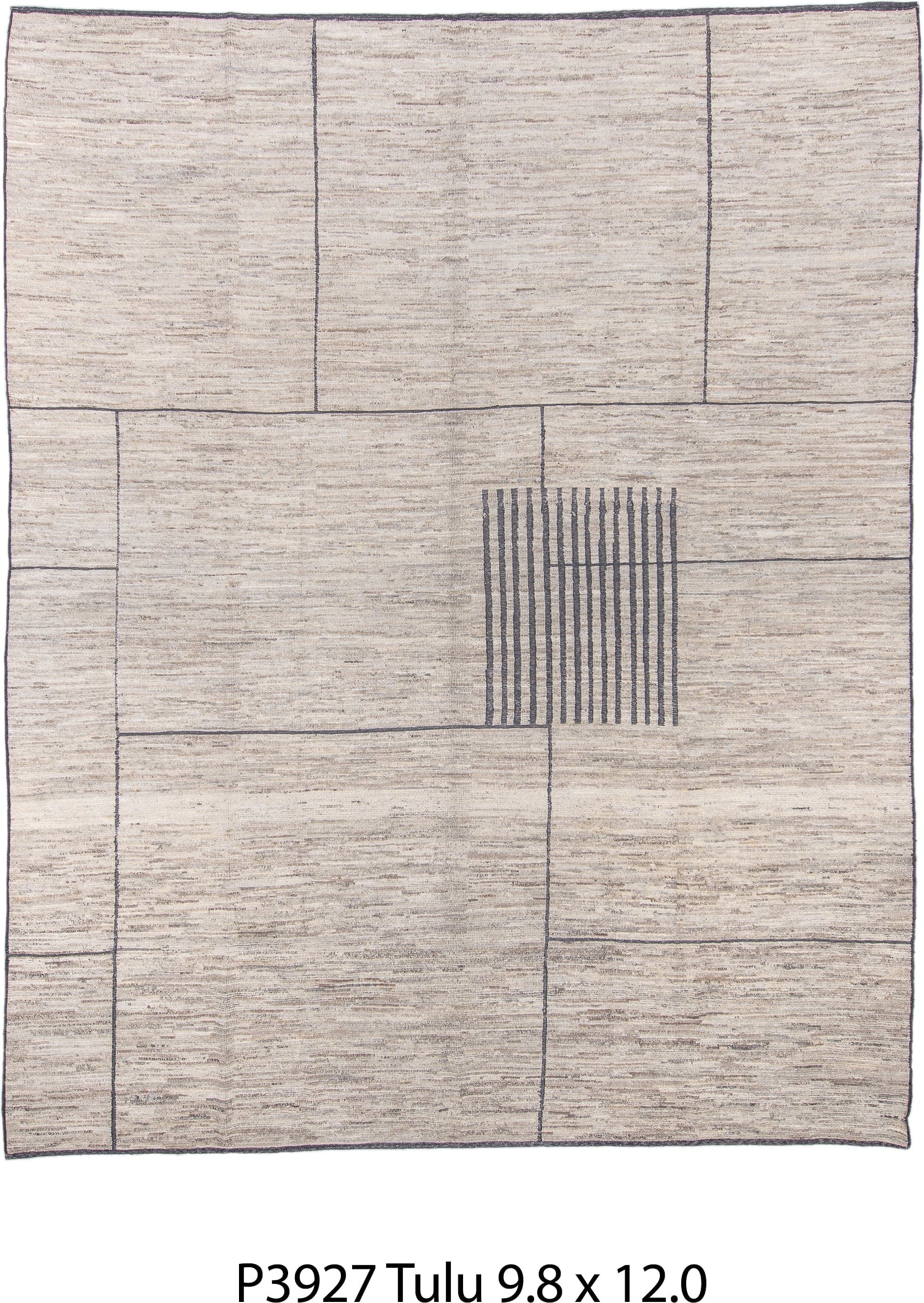 9' x 12' one-of-a-kind handmade vintage Tulu large size rug. Color palette: ivory, charcoal, taupe, stone, cream, black