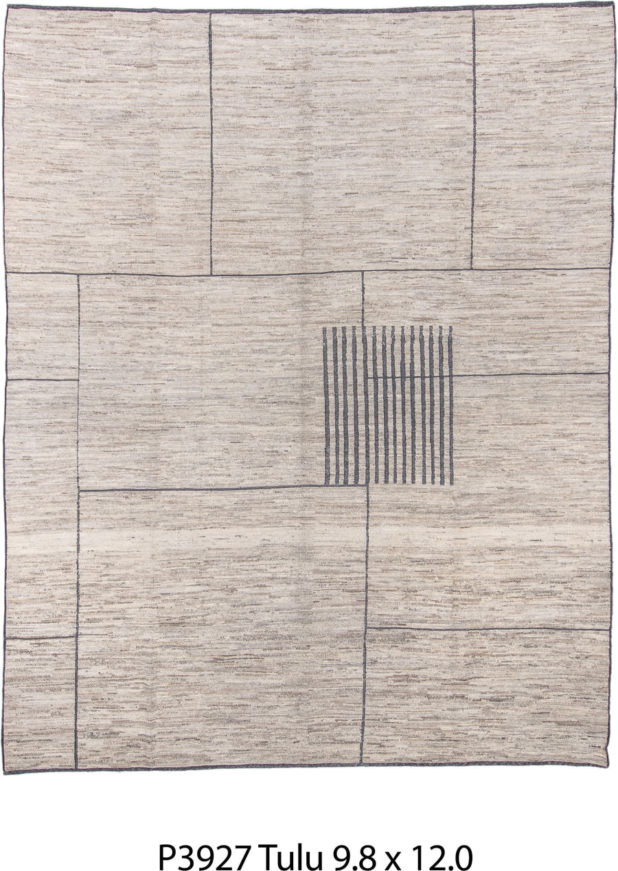 9' x 12' one-of-a-kind handmade vintage Tulu large size rug. Color palette: ivory, charcoal, taupe, stone, cream, black