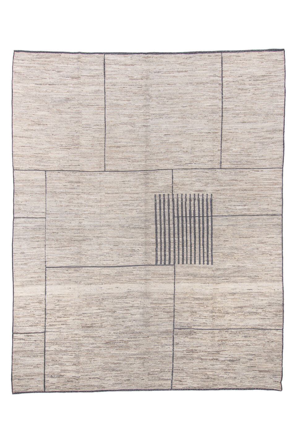 9' x 12' one-of-a-kind handmade vintage Tulu large size rug. Color palette: ivory, charcoal, taupe, stone, cream, black