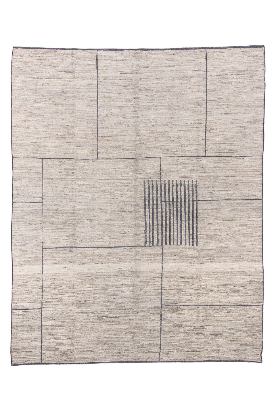 9' x 12' one-of-a-kind handmade vintage Tulu large size rug. Color palette: ivory, charcoal, taupe, stone, cream, black