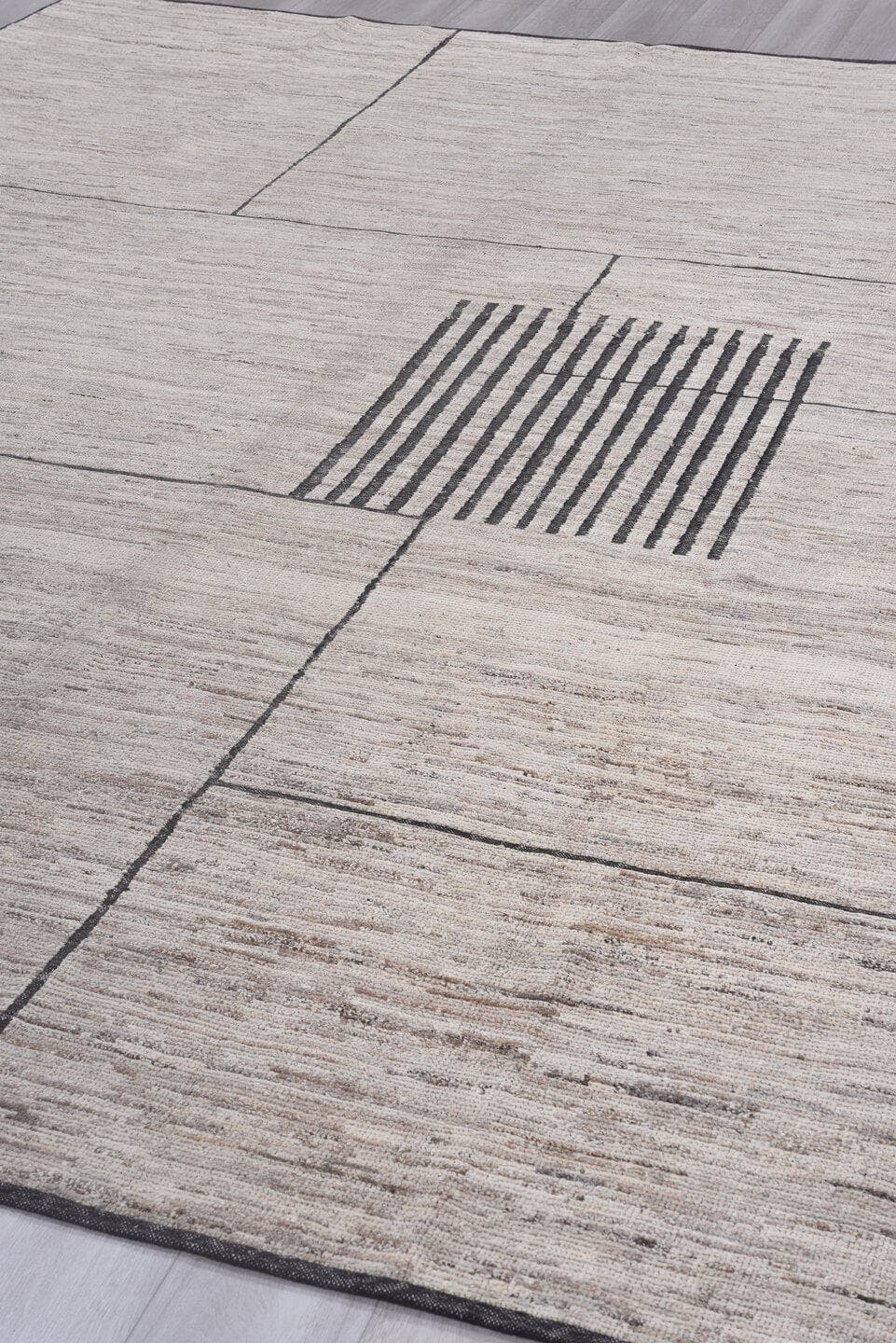 9' x 12' one-of-a-kind handmade vintage Tulu large size rug. Color palette: ivory, charcoal, taupe, stone, cream, black