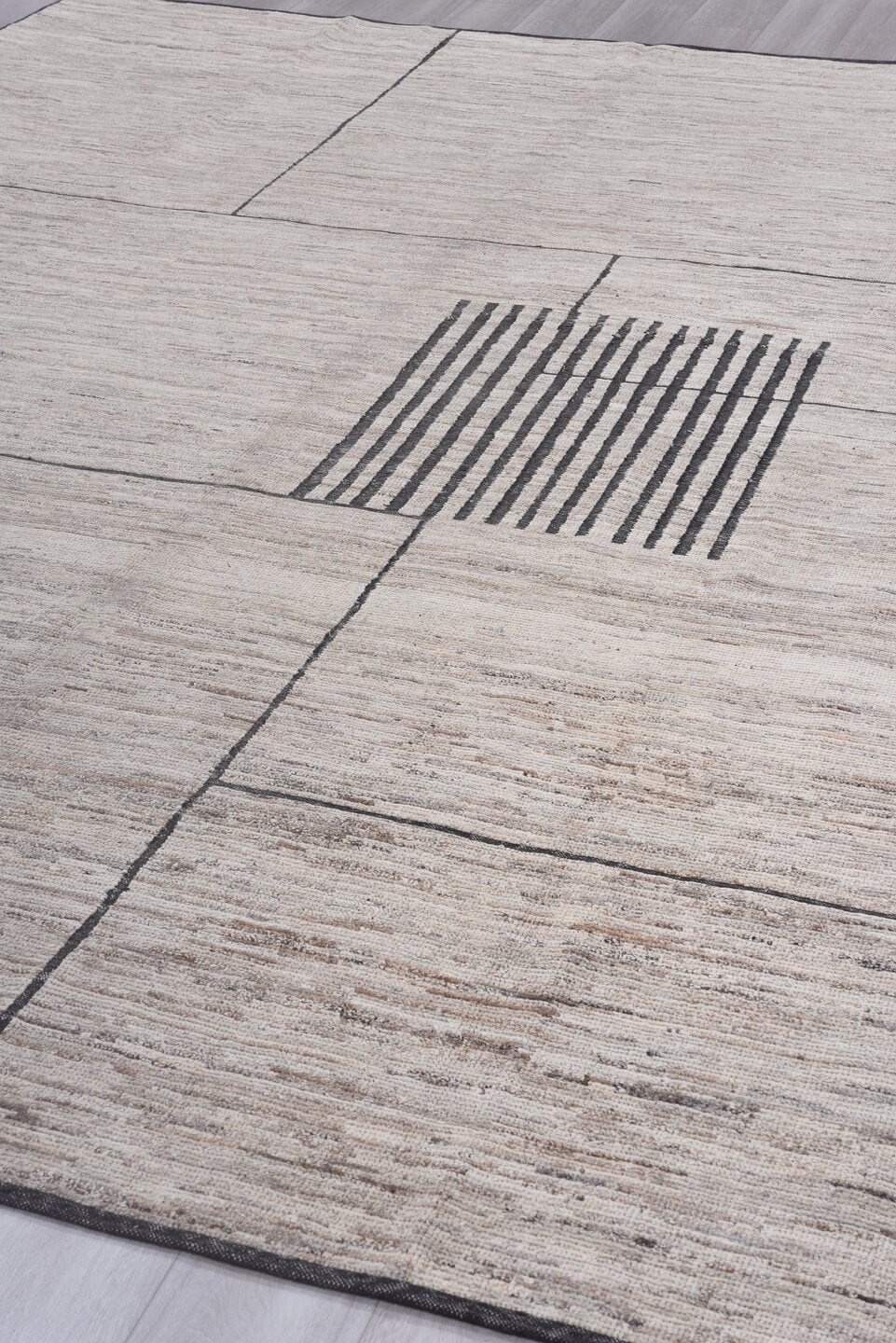 9' x 12' one-of-a-kind handmade vintage Tulu large size rug. Color palette: ivory, charcoal, taupe, stone, cream, black