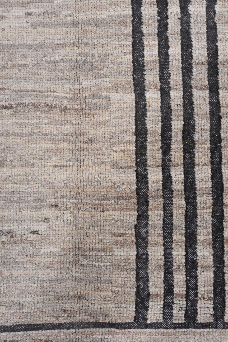 9' x 12' one-of-a-kind handmade vintage Tulu large size rug. Color palette: ivory, charcoal, taupe, stone, cream, black