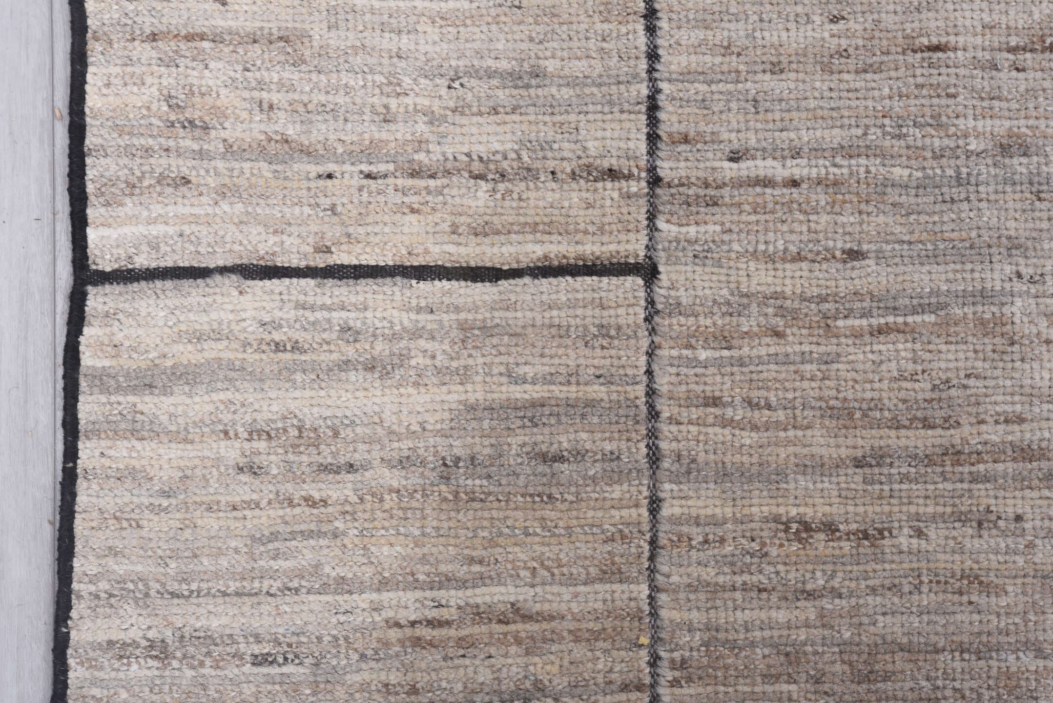 9' x 12' one-of-a-kind handmade vintage Tulu large size rug. Color palette: ivory, charcoal, taupe, stone, cream, black
