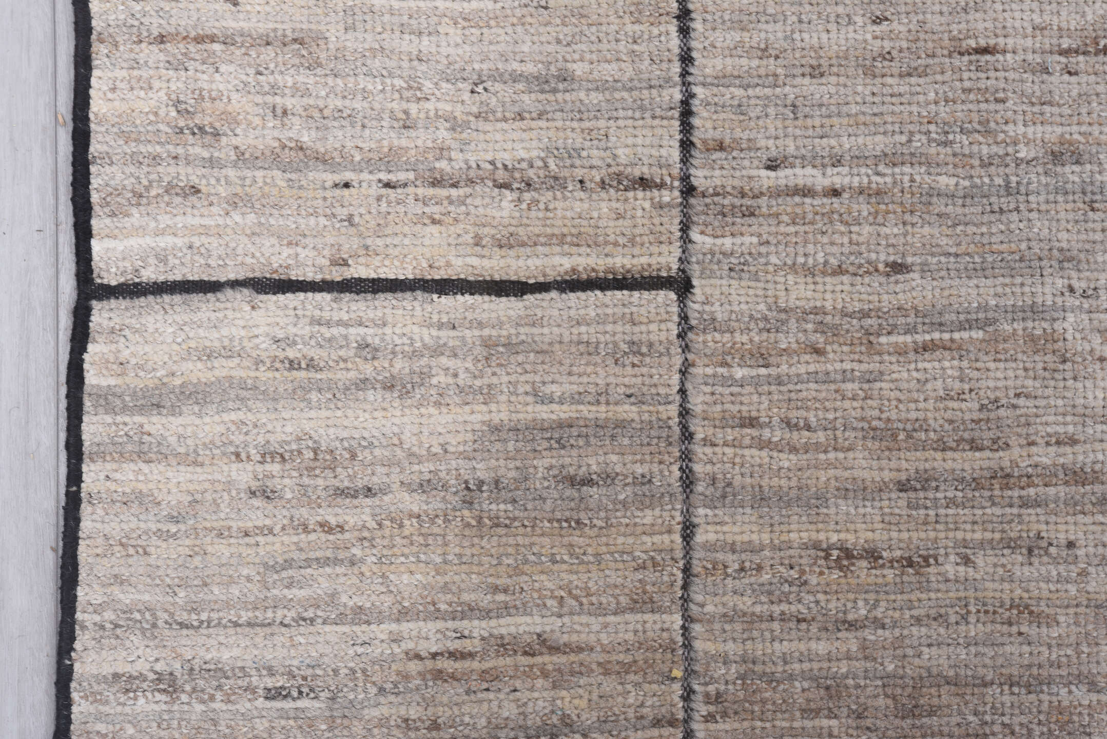 9' x 12' one-of-a-kind handmade vintage Tulu large size rug. Color palette: ivory, charcoal, taupe, stone, cream, black