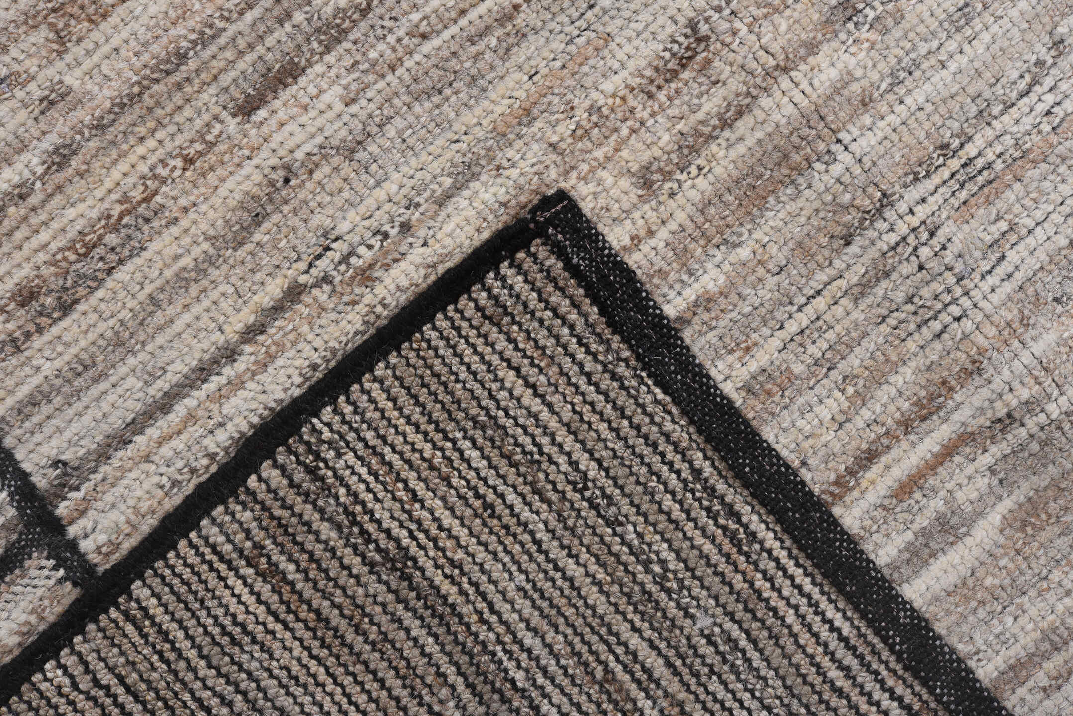 9' x 12' one-of-a-kind handmade vintage Tulu large size rug. Color palette: ivory, charcoal, taupe, stone, cream, black