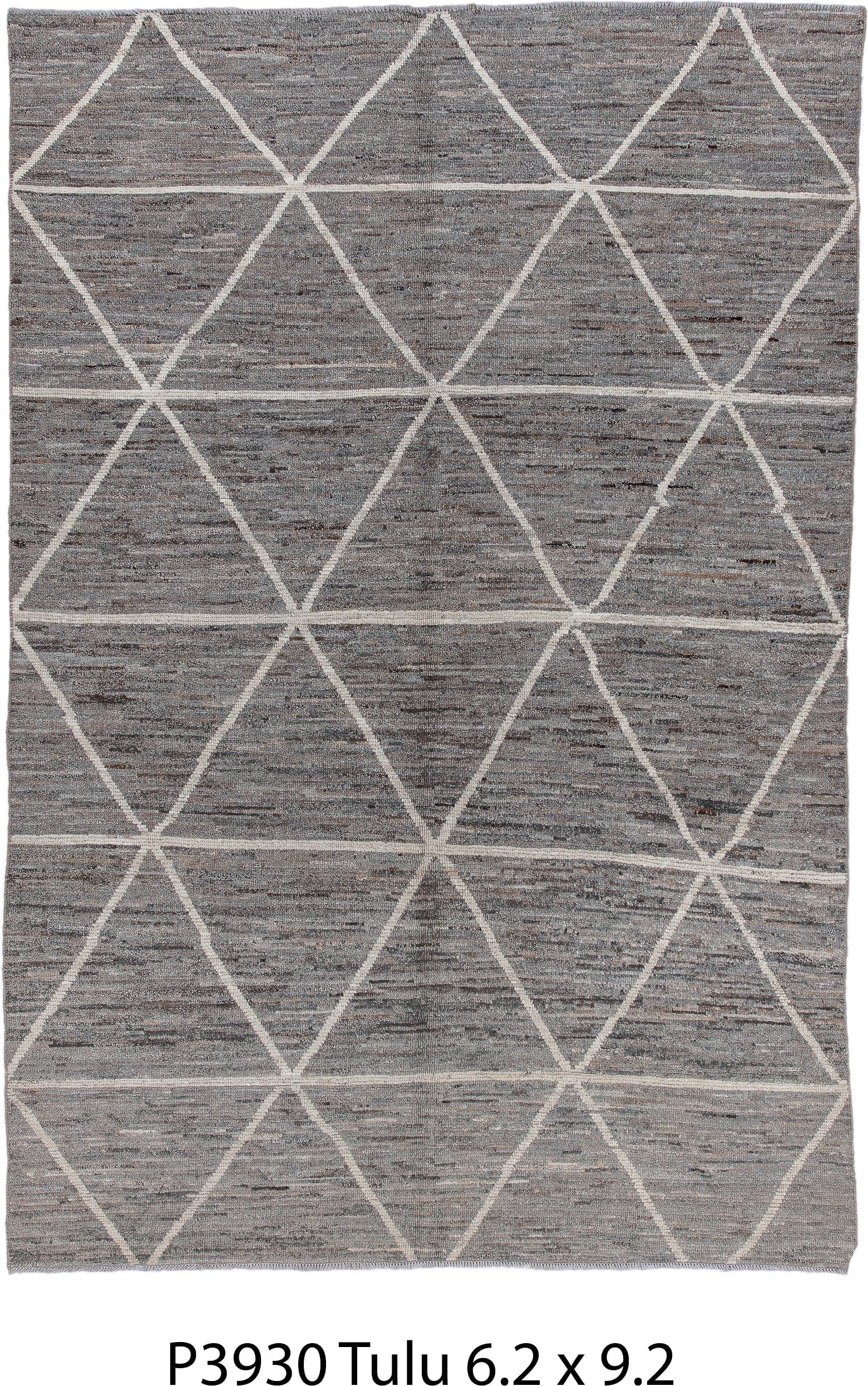 6' x 9' one-of-a-kind handmade vintage Tulu medium size rug. Color palette: gray, ivory, taupe, charcoal, beige, black