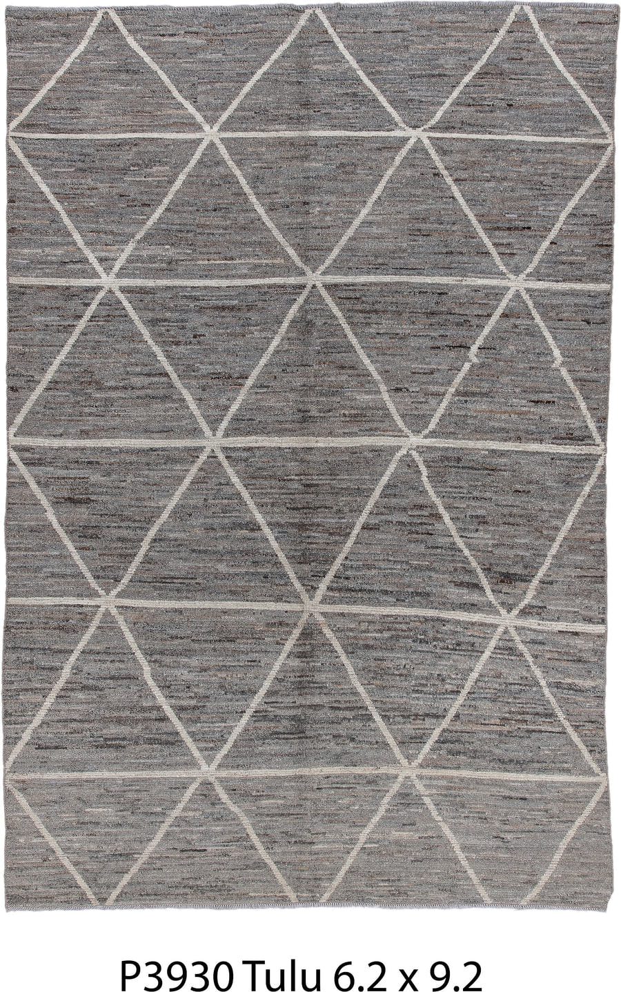 6' x 9' one-of-a-kind handmade vintage Tulu medium size rug. Color palette: gray, ivory, taupe, charcoal, beige, black