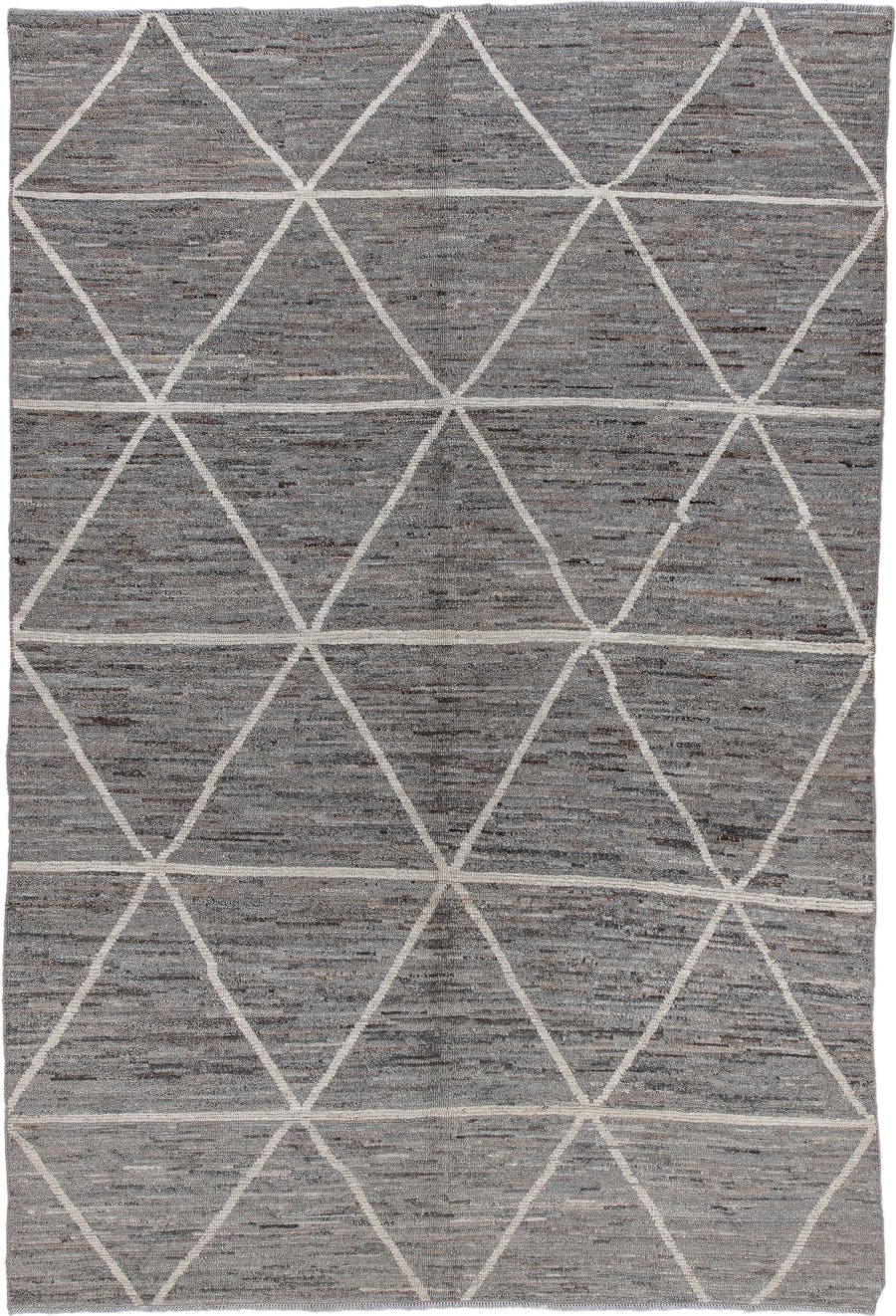 6' x 9' one-of-a-kind handmade vintage Tulu medium size rug. Color palette: gray, ivory, taupe, charcoal, beige, black