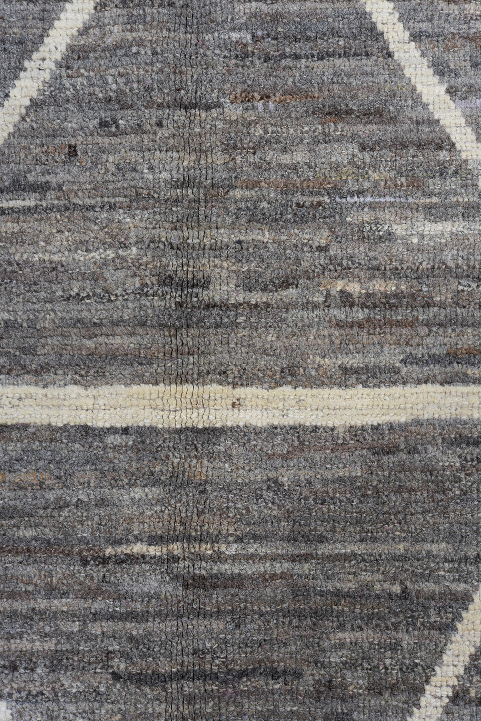 6' x 9' one-of-a-kind handmade vintage Tulu medium size rug. Color palette: gray, ivory, taupe, charcoal, beige, black