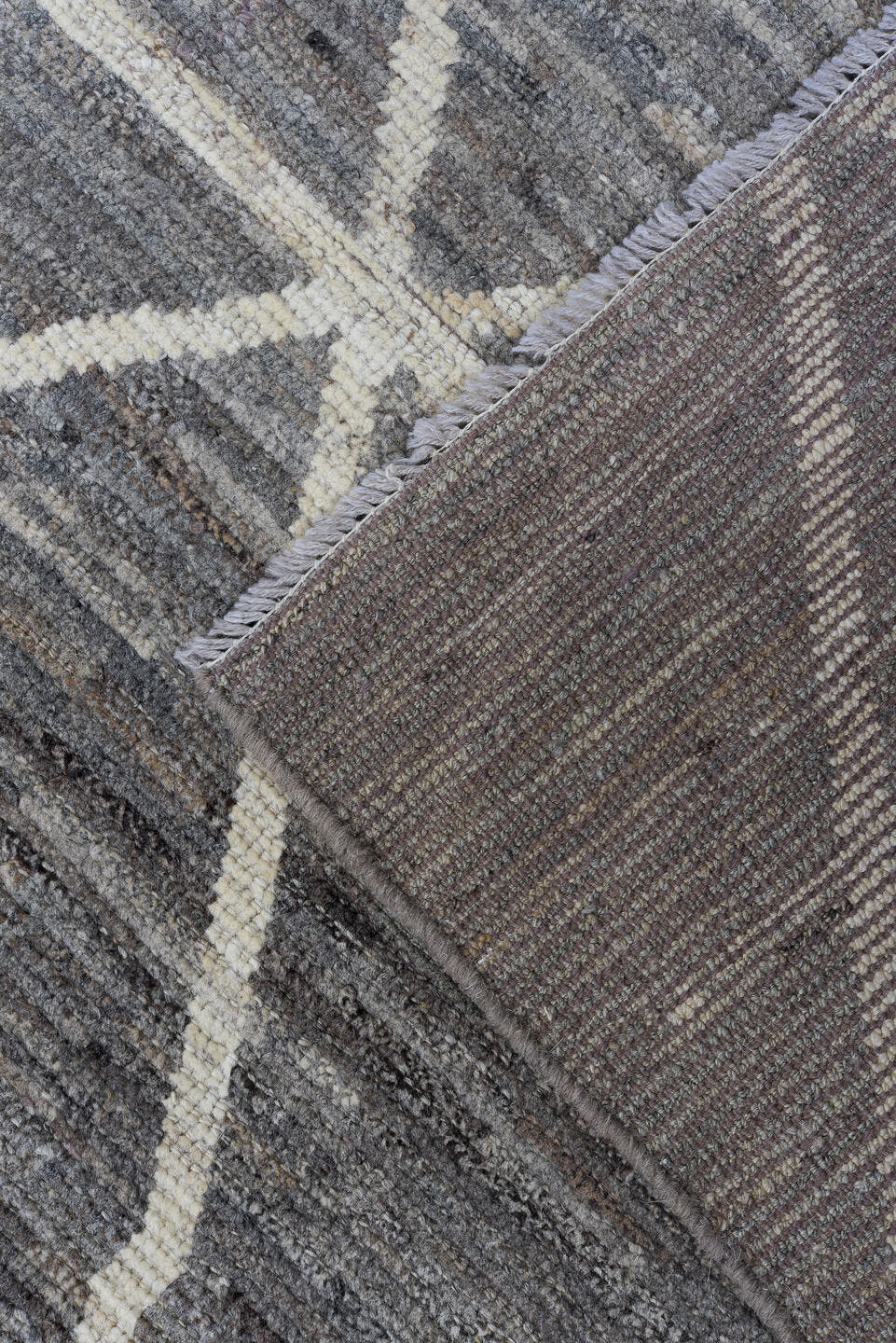 6' x 9' one-of-a-kind handmade vintage Tulu medium size rug. Color palette: gray, ivory, taupe, charcoal, beige, black