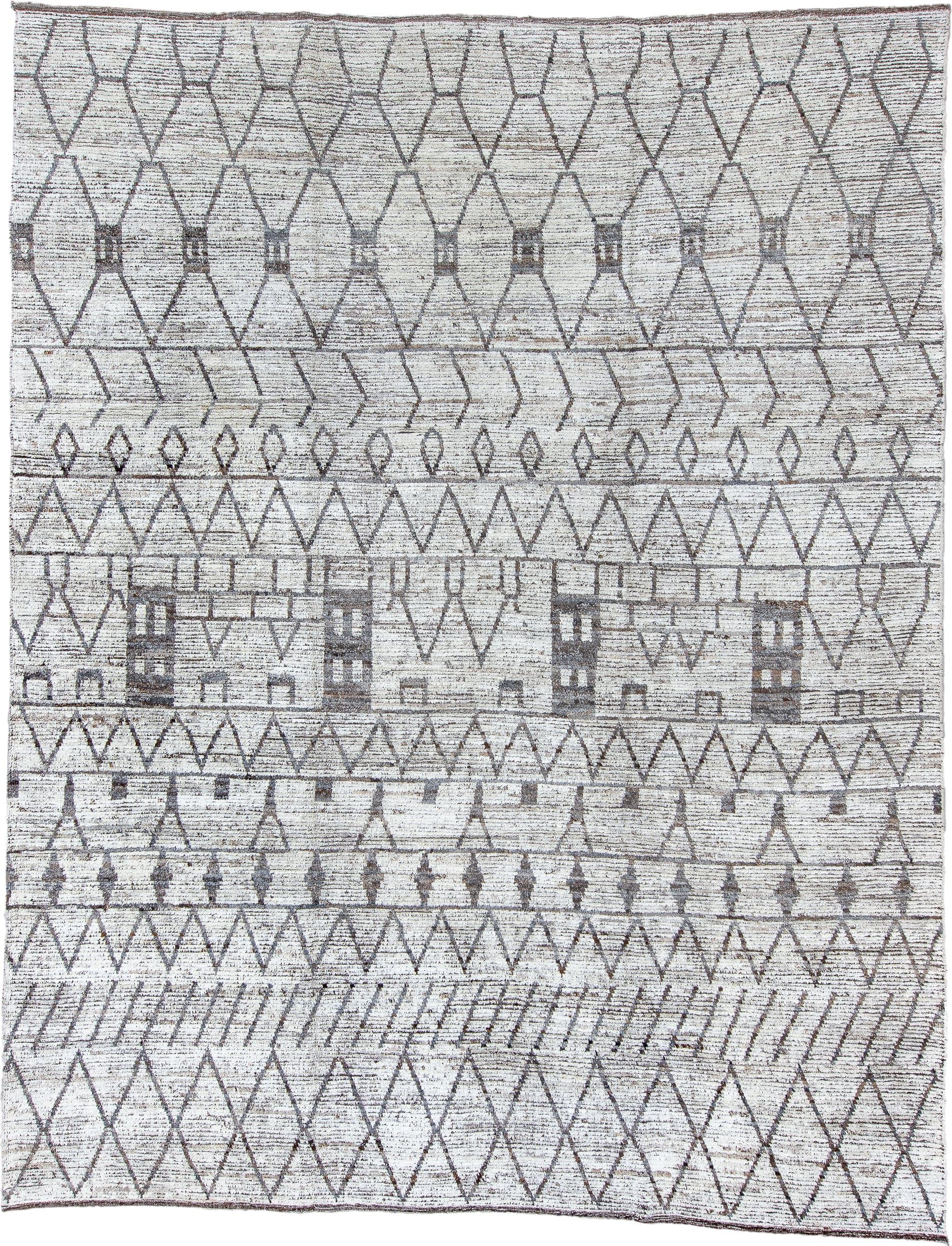 10' x 13' one-of-a-kind handmade vintage Tulu large size rug. Color palette: ivory, charcoal, taupe, brown, gray, black