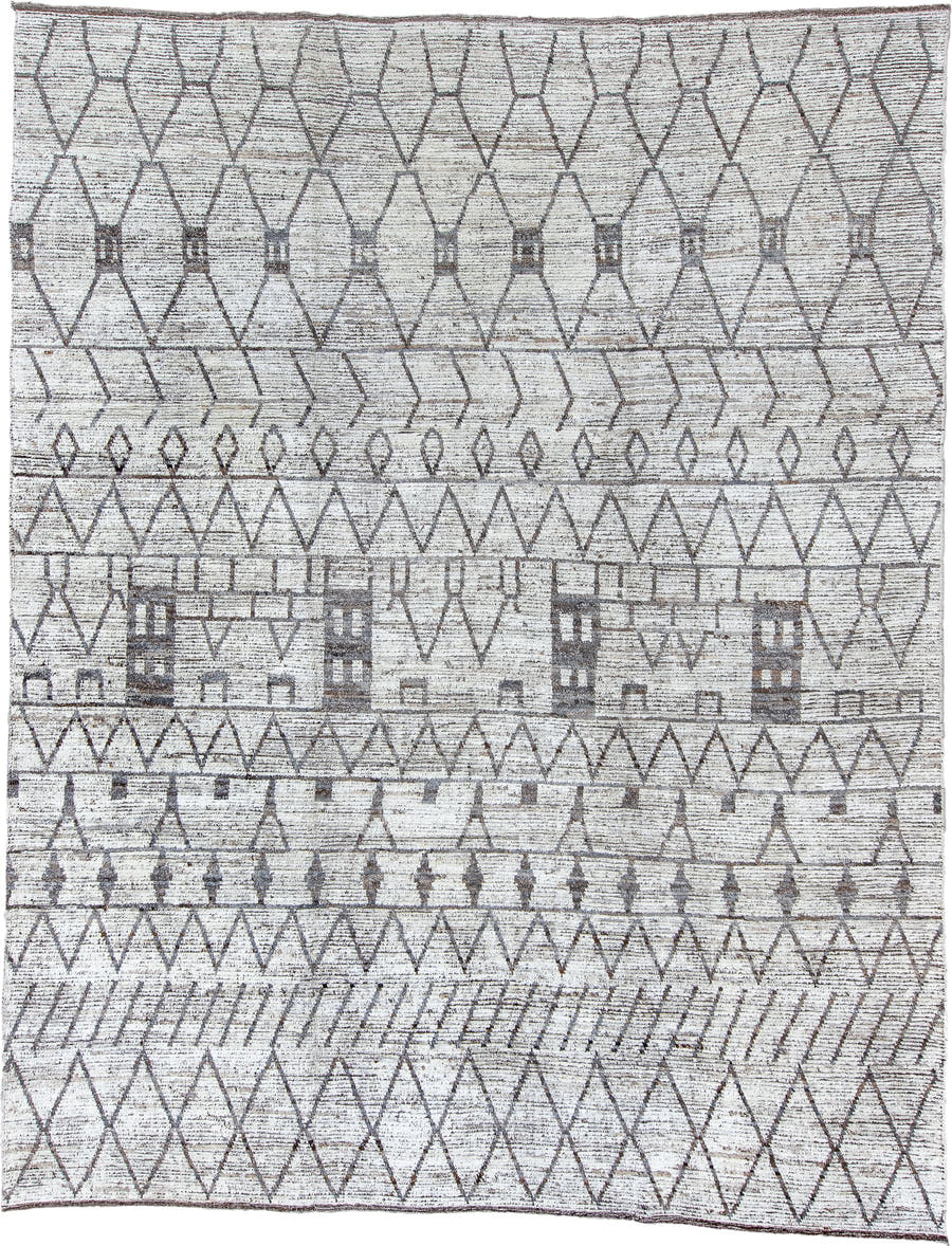 10' x 13' one-of-a-kind handmade vintage Tulu large size rug. Color palette: ivory, charcoal, taupe, brown, gray, black