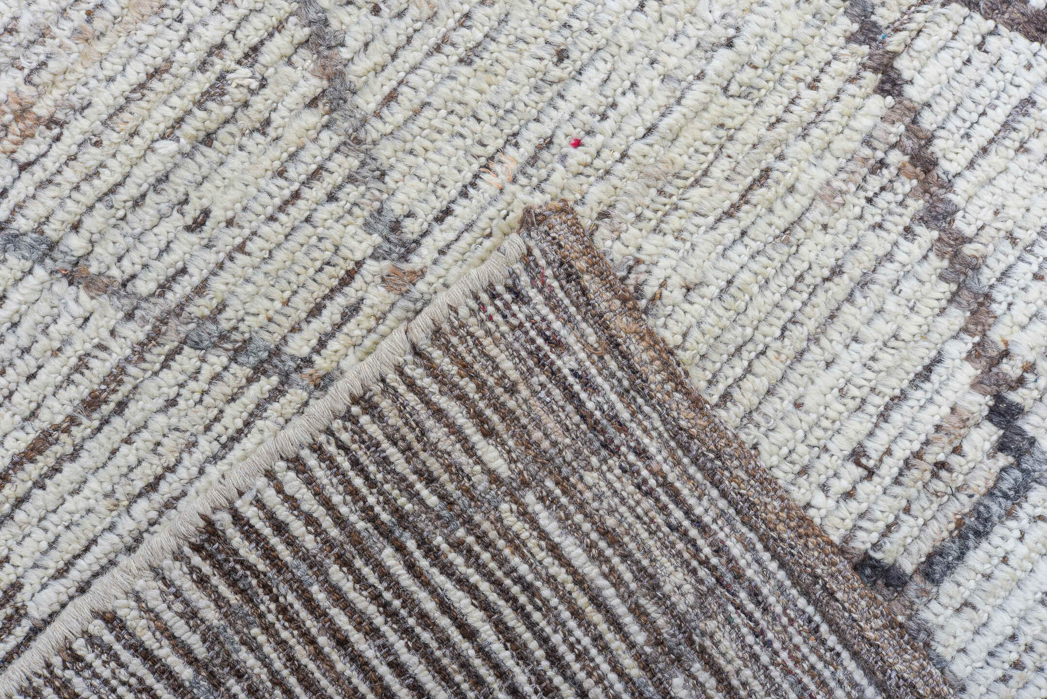 10' x 13' one-of-a-kind handmade vintage Tulu large size rug. Color palette: ivory, charcoal, taupe, brown, gray, black