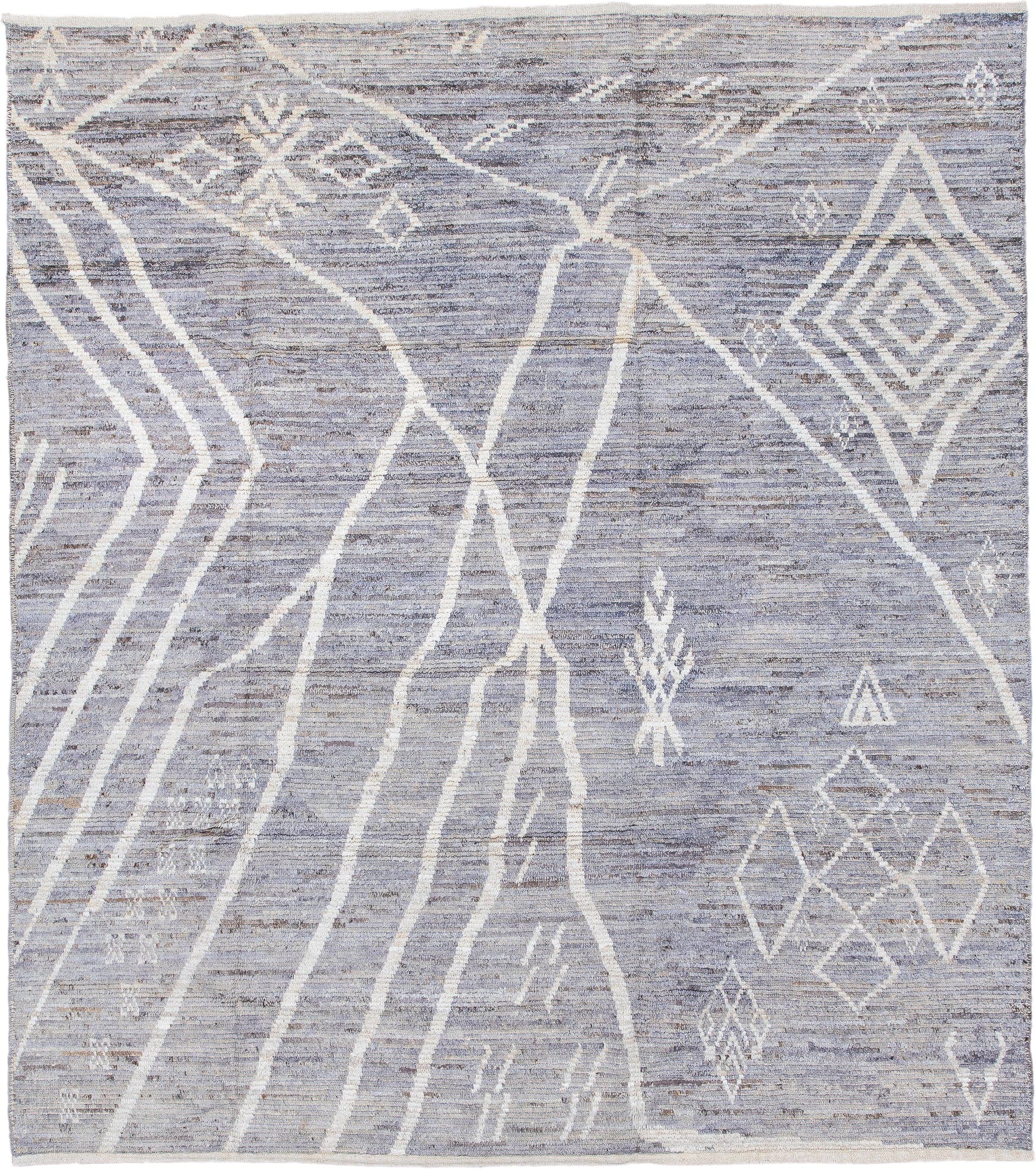 8' x 9' one-of-a-kind handmade vintage Tulu rug. Color palette: gray, ivory, slate, taupe, silver, beige