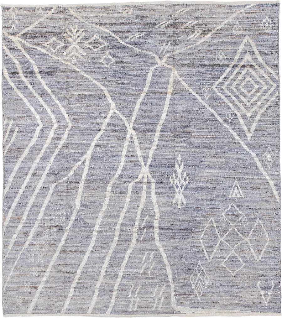 8' x 9' one-of-a-kind handmade vintage Tulu rug. Color palette: gray, ivory, slate, taupe, silver, beige