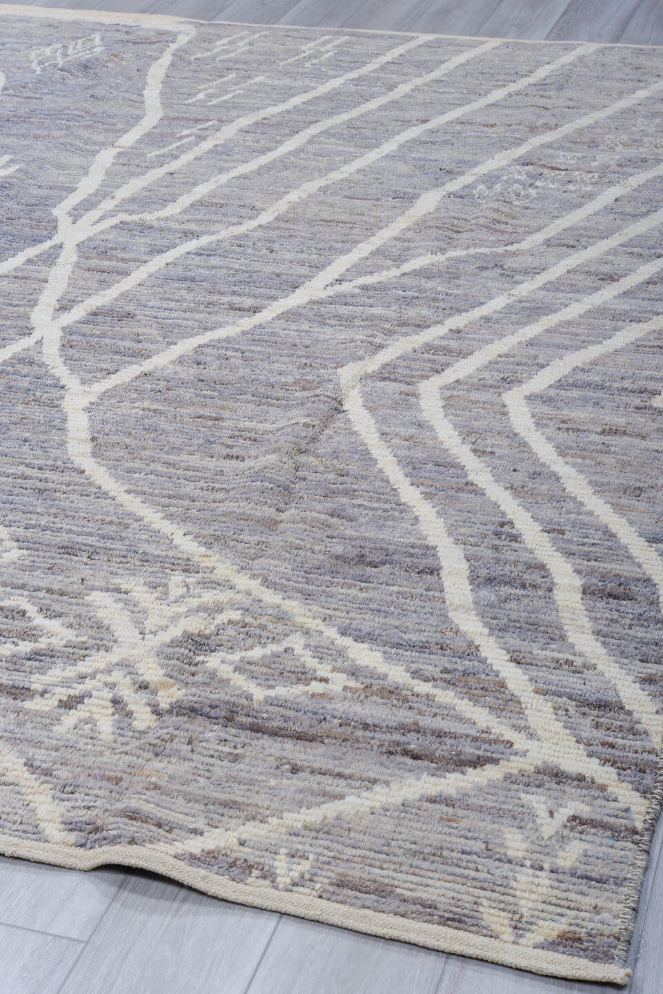 8' x 9' one-of-a-kind handmade vintage Tulu rug. Color palette: gray, ivory, slate, taupe, silver, beige