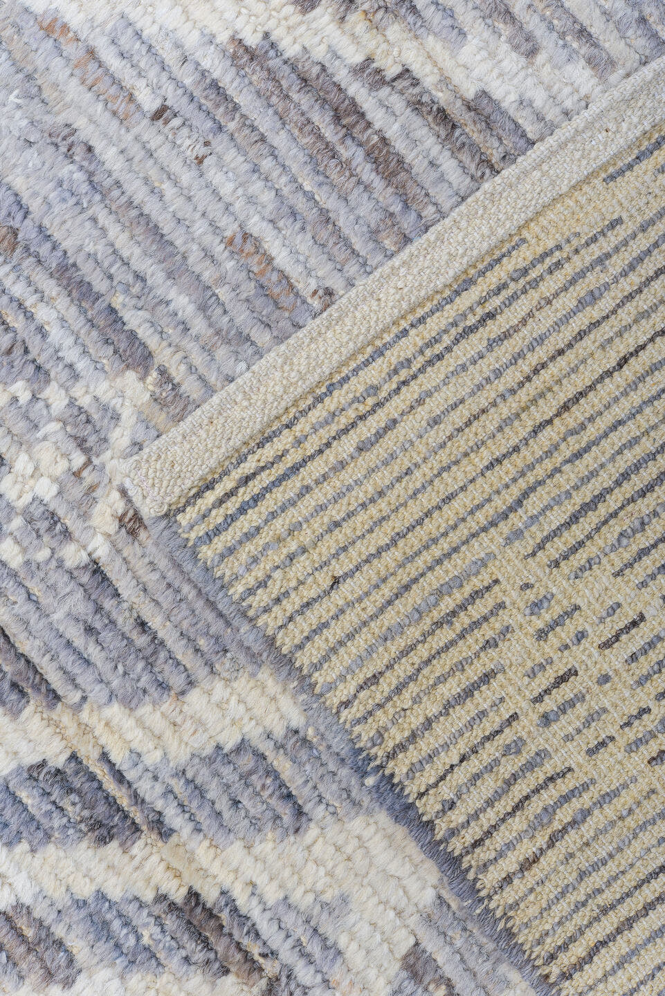8' x 9' one-of-a-kind handmade vintage Tulu rug. Color palette: gray, ivory, slate, taupe, silver, beige