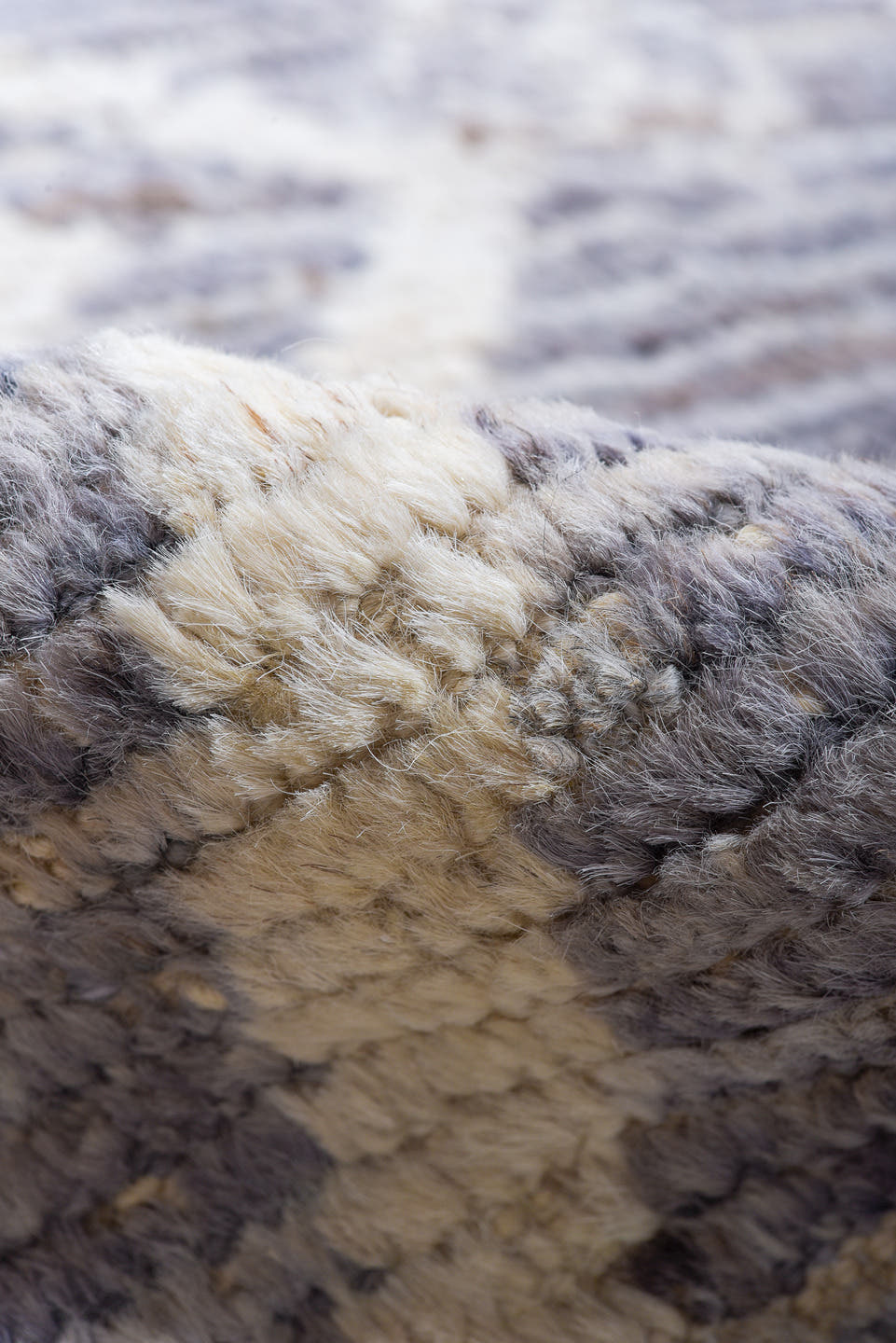 8' x 9' one-of-a-kind handmade vintage Tulu rug. Color palette: gray, ivory, slate, taupe, silver, beige