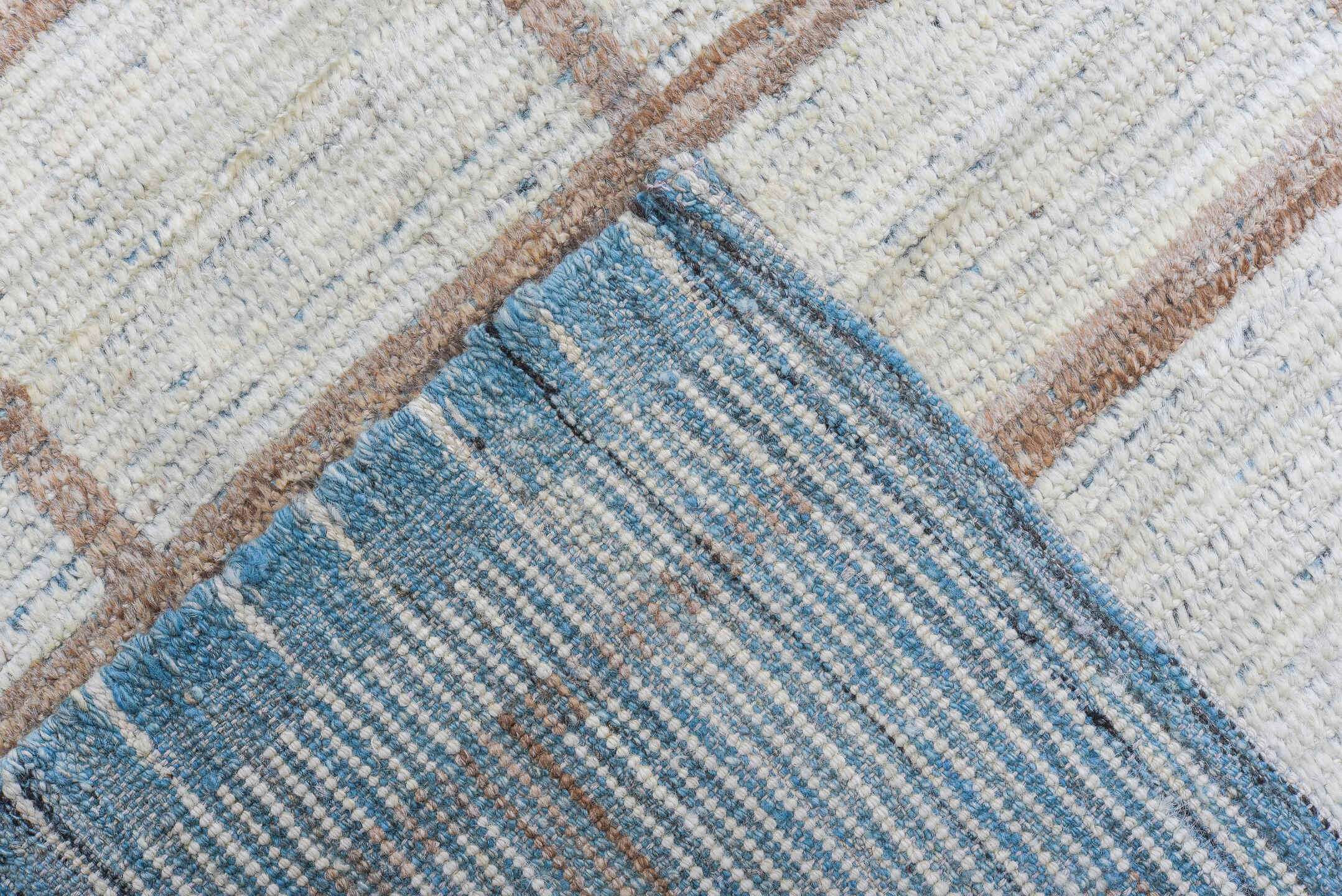9' x 12' one-of-a-kind handmade vintage Tulu large size rug. Color palette: ivory, light blue, taupe, camel, beige, gray
