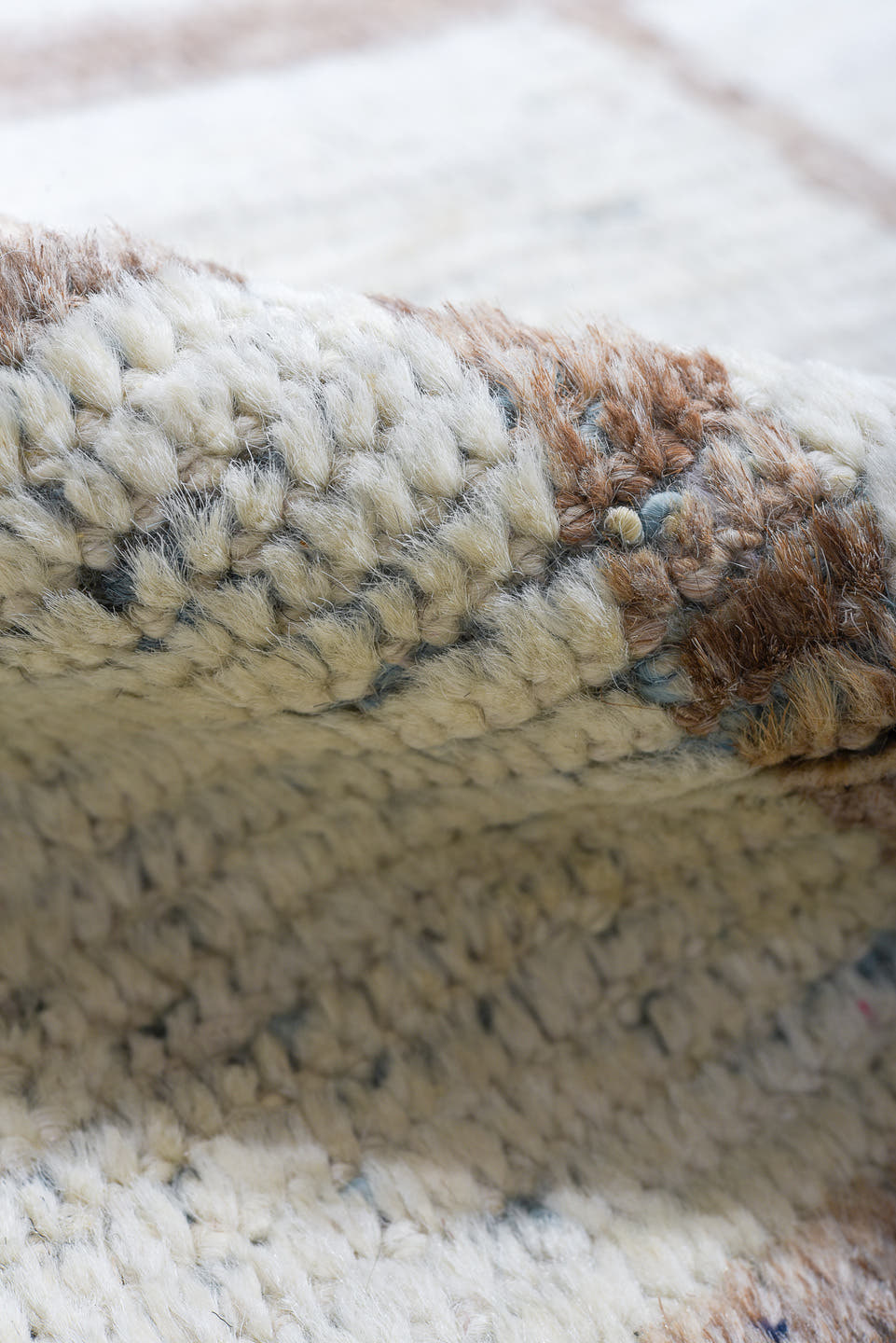 9' x 12' one-of-a-kind handmade vintage Tulu large size rug. Color palette: ivory, light blue, taupe, camel, beige, gray