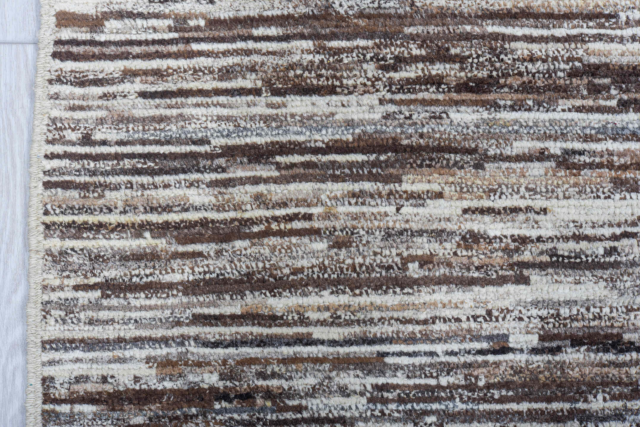 6' x 9' one-of-a-kind handmade vintage Tulu medium size rug. Color palette: ivory, taupe, brown, charcoal, cream, beige