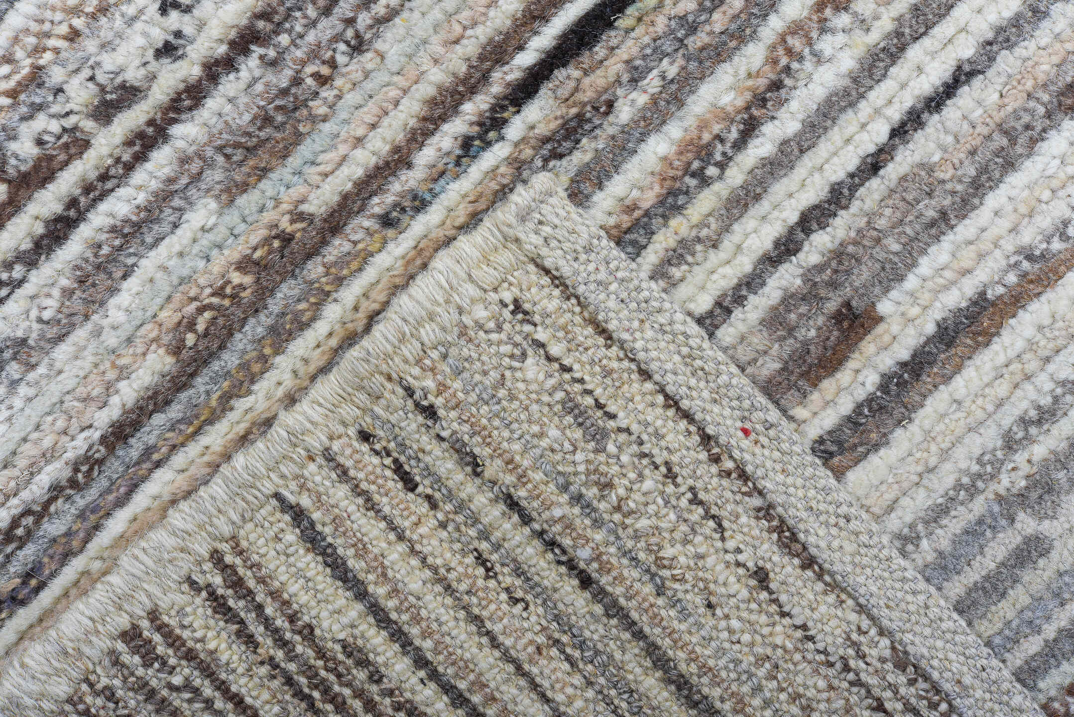6' x 9' one-of-a-kind handmade vintage Tulu medium size rug. Color palette: ivory, taupe, brown, charcoal, cream, beige