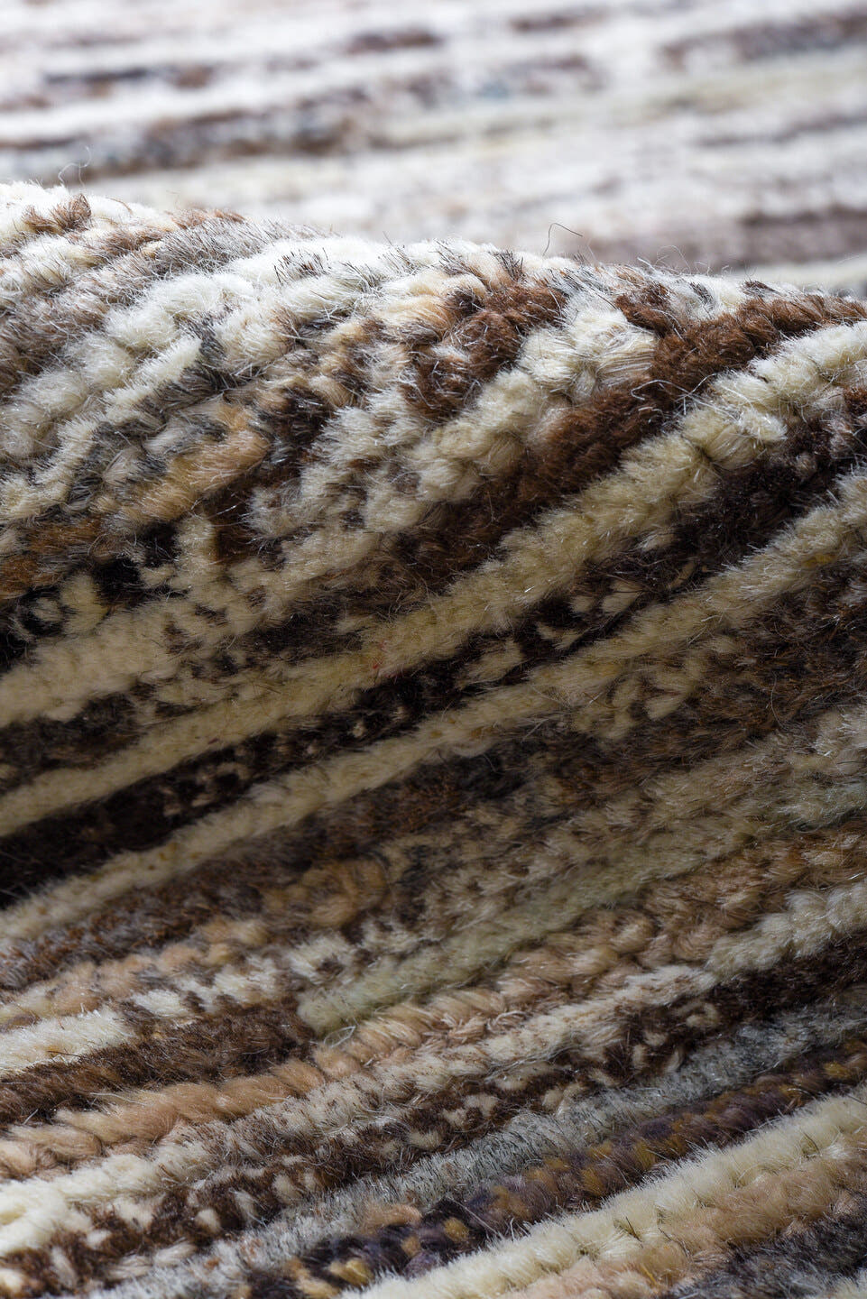 6' x 9' one-of-a-kind handmade vintage Tulu medium size rug. Color palette: ivory, taupe, brown, charcoal, cream, beige