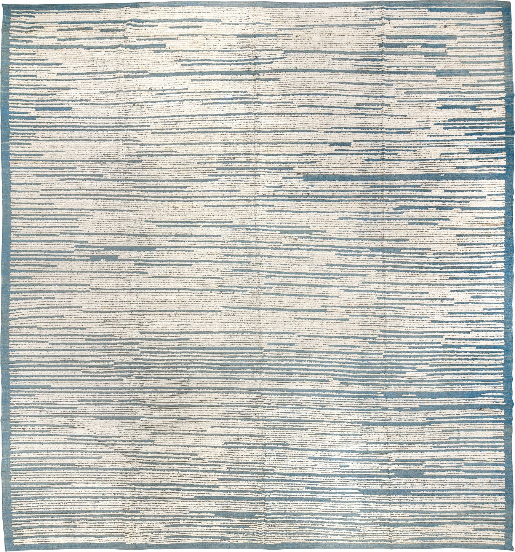 13' x 14' one-of-a-kind handmade vintage Tulu oversize rug. Color palette: ivory, sky blue, light blue