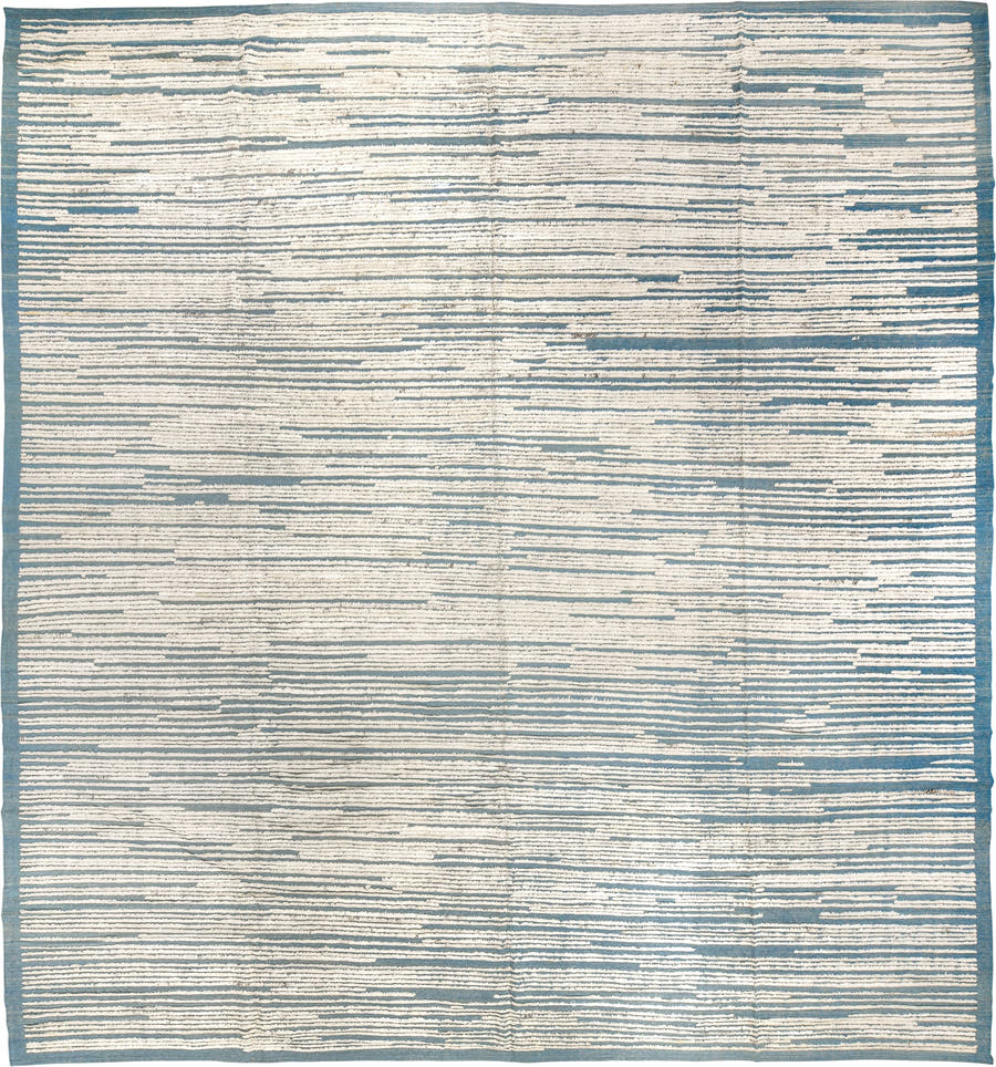 13' x 14' one-of-a-kind handmade vintage Tulu oversize rug. Color palette: ivory, sky blue, light blue
