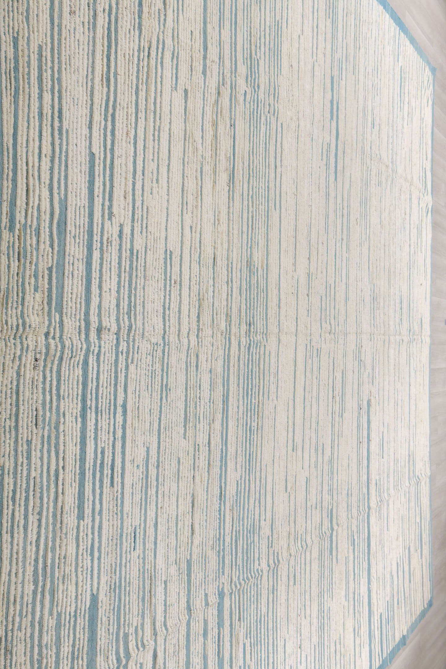 13' x 14' one-of-a-kind handmade vintage Tulu oversize rug. Color palette: ivory, sky blue, light blue