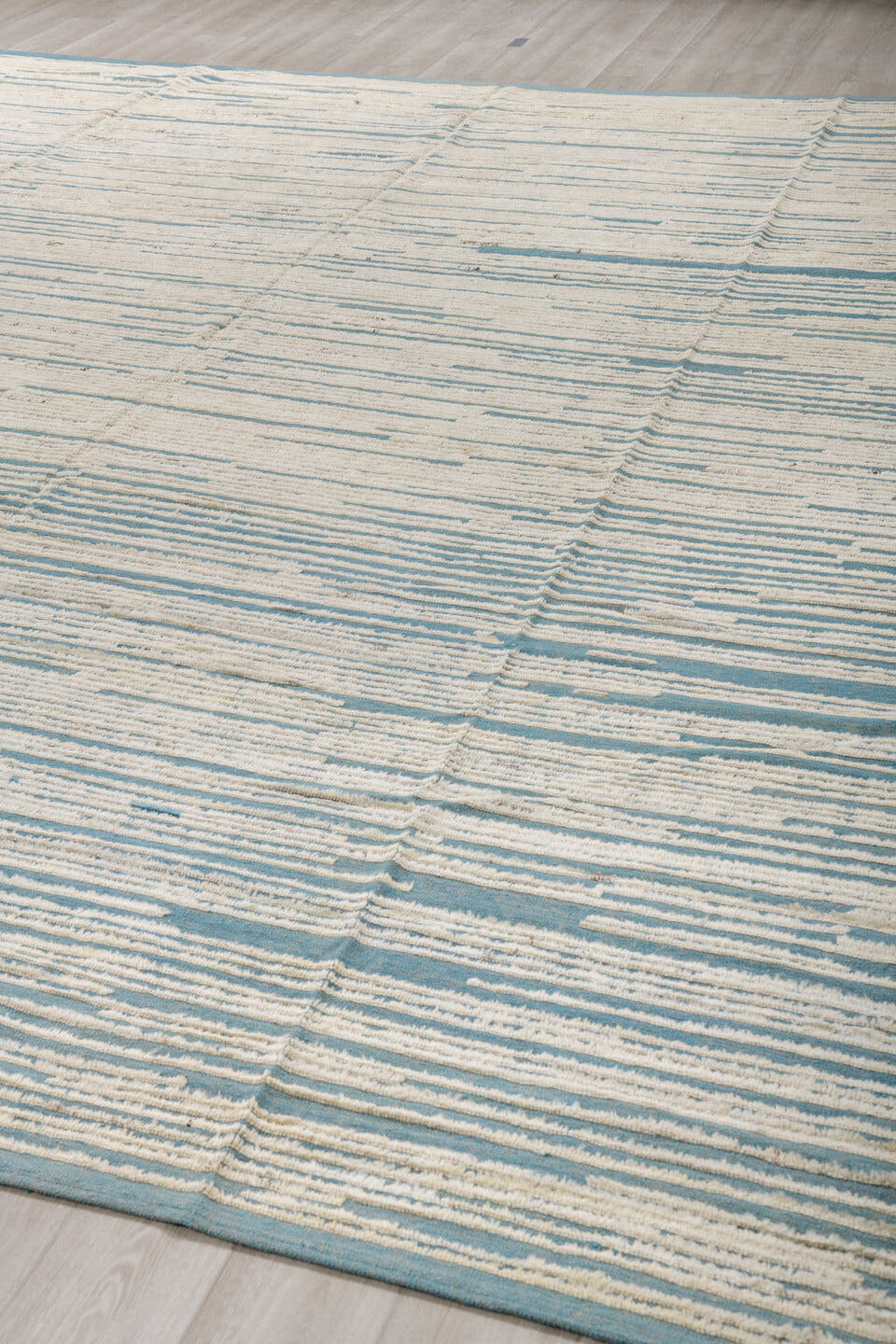 13' x 14' one-of-a-kind handmade vintage Tulu oversize rug. Color palette: ivory, sky blue, light blue