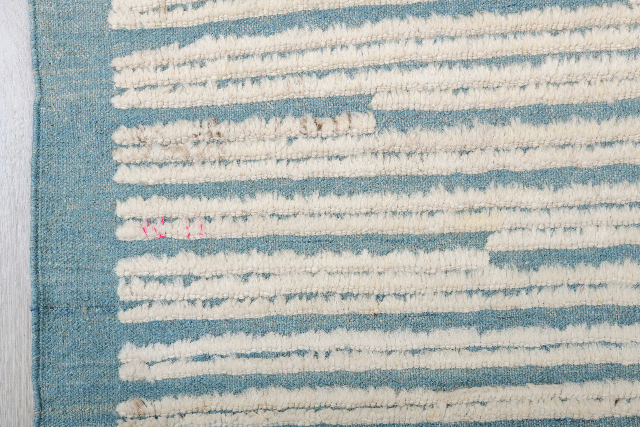 13' x 14' one-of-a-kind handmade vintage Tulu oversize rug. Color palette: ivory, sky blue, light blue