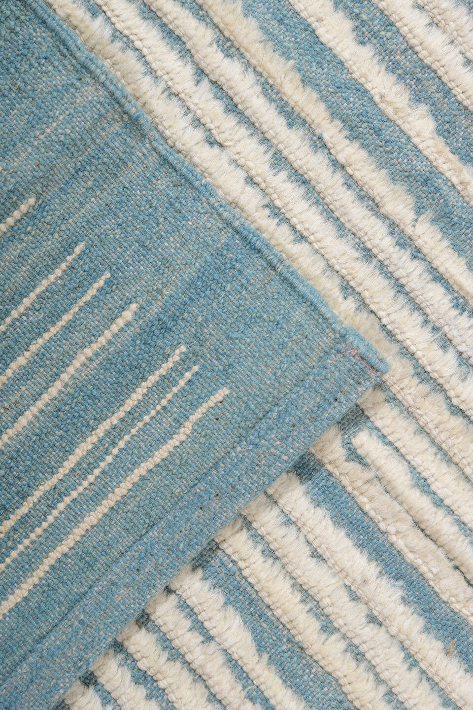 13' x 14' one-of-a-kind handmade vintage Tulu oversize rug. Color palette: ivory, sky blue, light blue