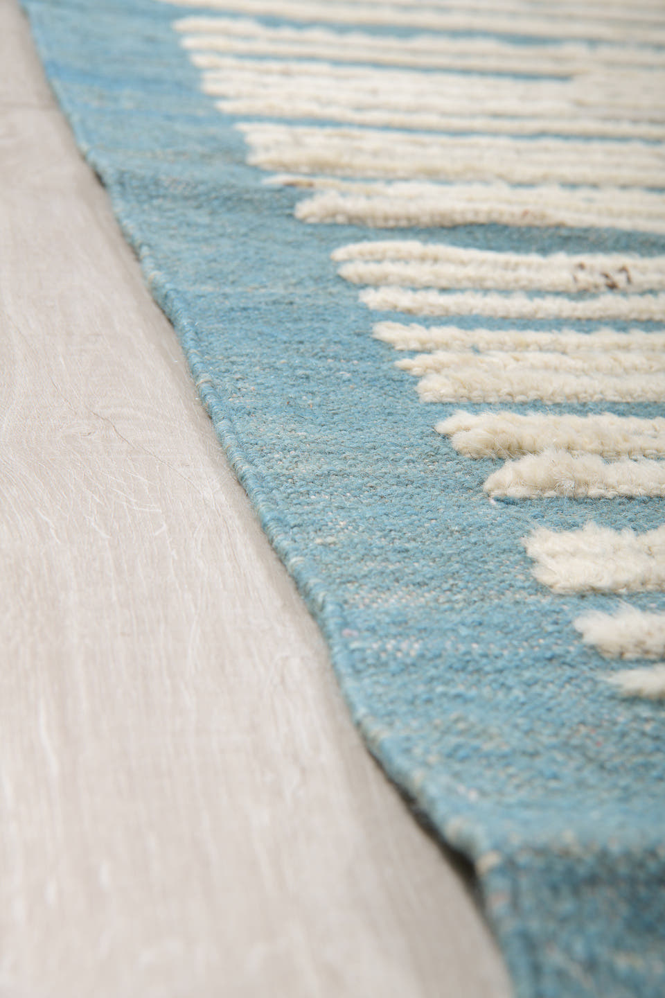 13' x 14' one-of-a-kind handmade vintage Tulu oversize rug. Color palette: ivory, sky blue, light blue