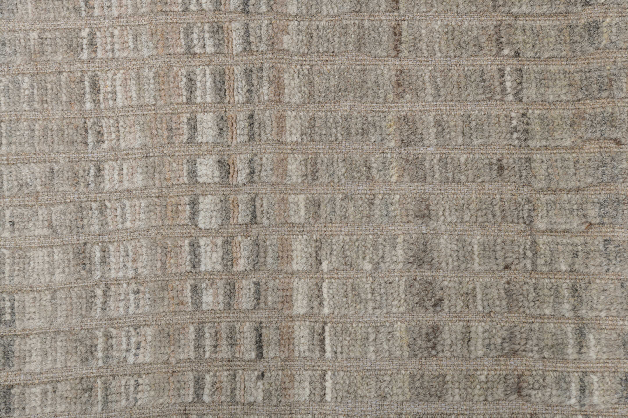 9' x 12' one-of-a-kind handmade vintage Tulu large size rug. Color palette: ivory, taupe, light gray, cream, greige, beige
