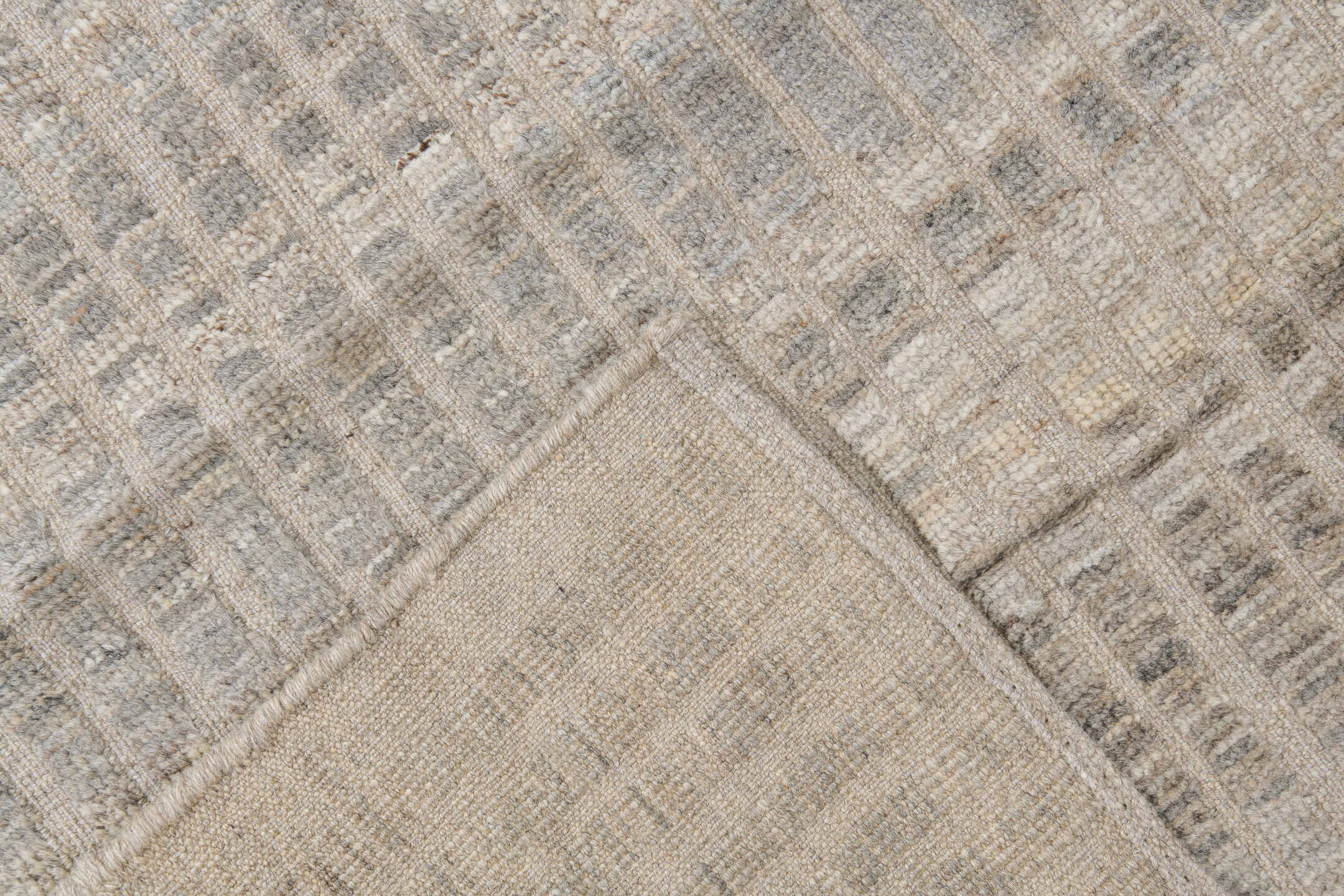9' x 12' one-of-a-kind handmade vintage Tulu large size rug. Color palette: ivory, taupe, light gray, cream, greige, beige