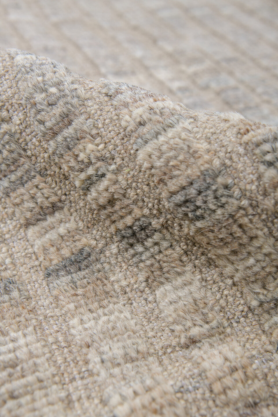 9' x 12' one-of-a-kind handmade vintage Tulu large size rug. Color palette: ivory, taupe, light gray, cream, greige, beige