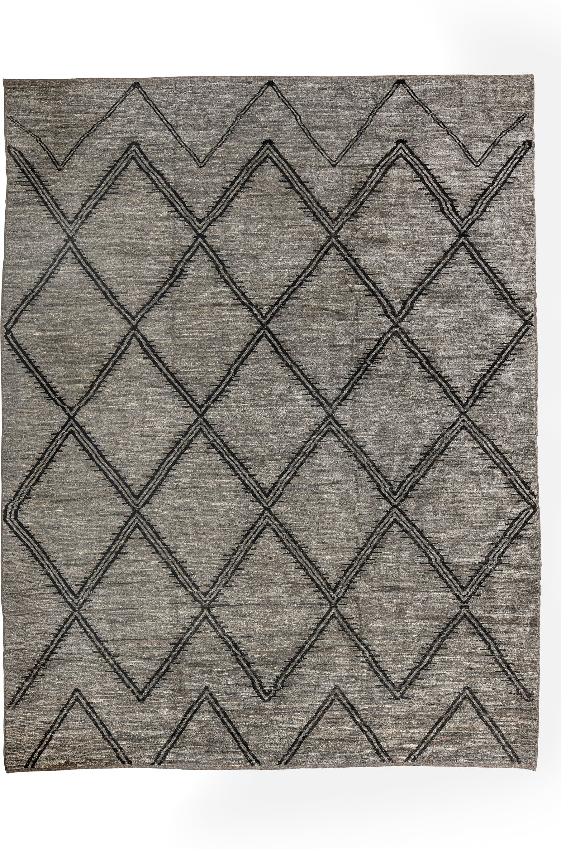 9' x 12' one-of-a-kind handmade vintage Tulu large size rug. Color palette: gray, charcoal, taupe, ivory, black, beige