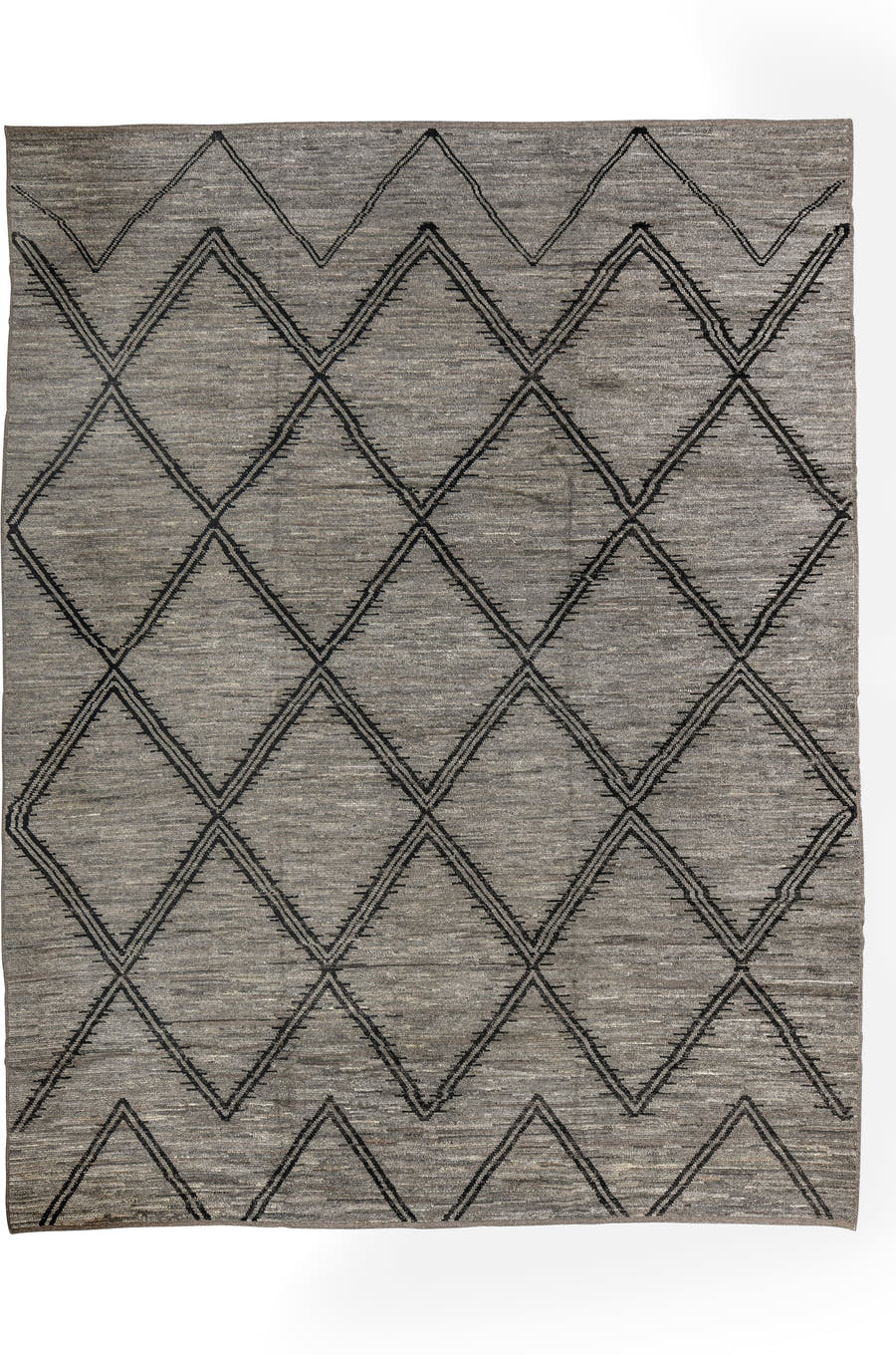 9' x 12' one-of-a-kind handmade vintage Tulu large size rug. Color palette: gray, charcoal, taupe, ivory, black, beige