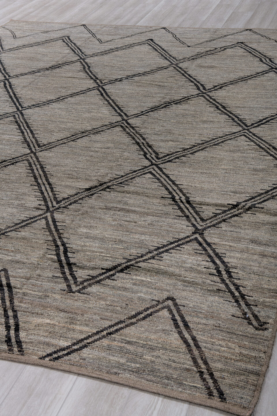 9' x 12' one-of-a-kind handmade vintage Tulu large size rug. Color palette: gray, charcoal, taupe, ivory, black, beige