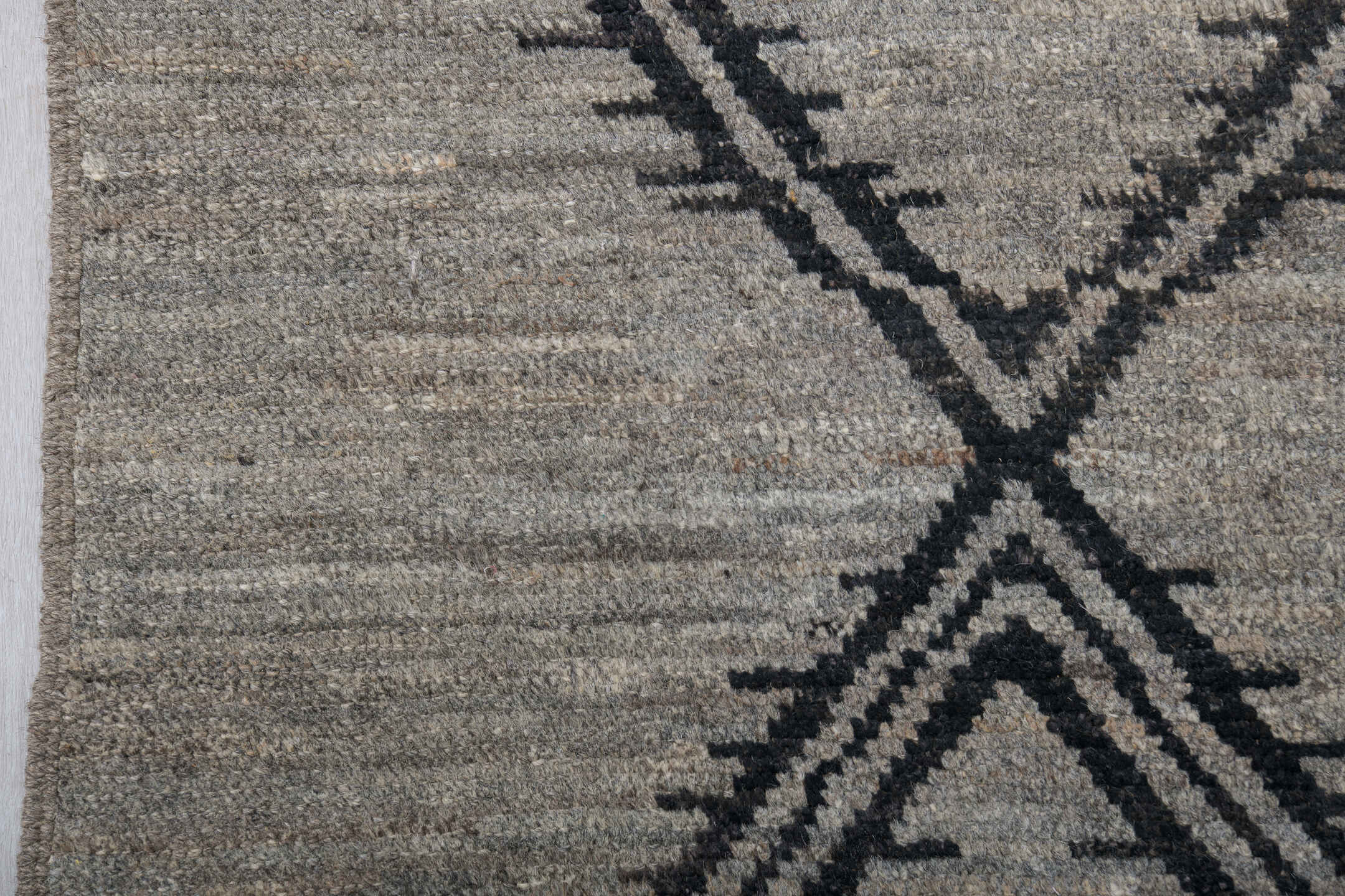 9' x 12' one-of-a-kind handmade vintage Tulu large size rug. Color palette: gray, charcoal, taupe, ivory, black, beige
