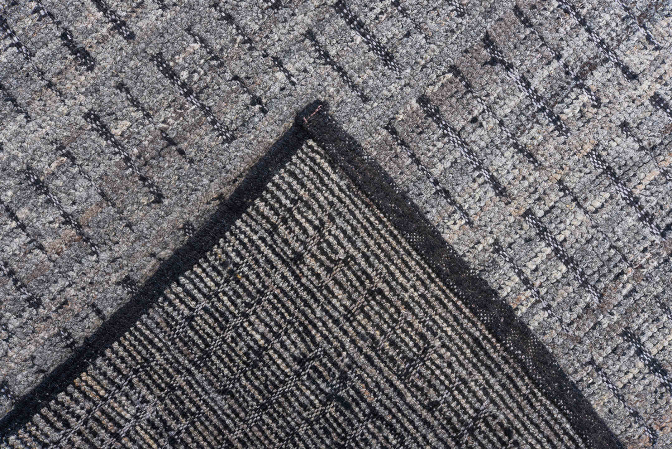 9' x 12' one-of-a-kind handmade vintage Tulu large size rug. Color palette: gray, charcoal, ivory, black