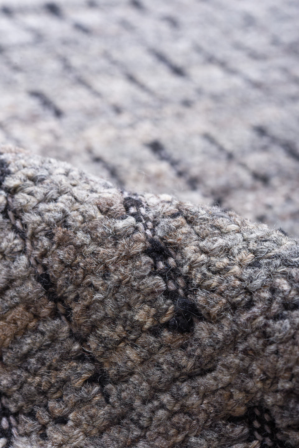 9' x 12' one-of-a-kind handmade vintage Tulu large size rug. Color palette: gray, charcoal, ivory, black