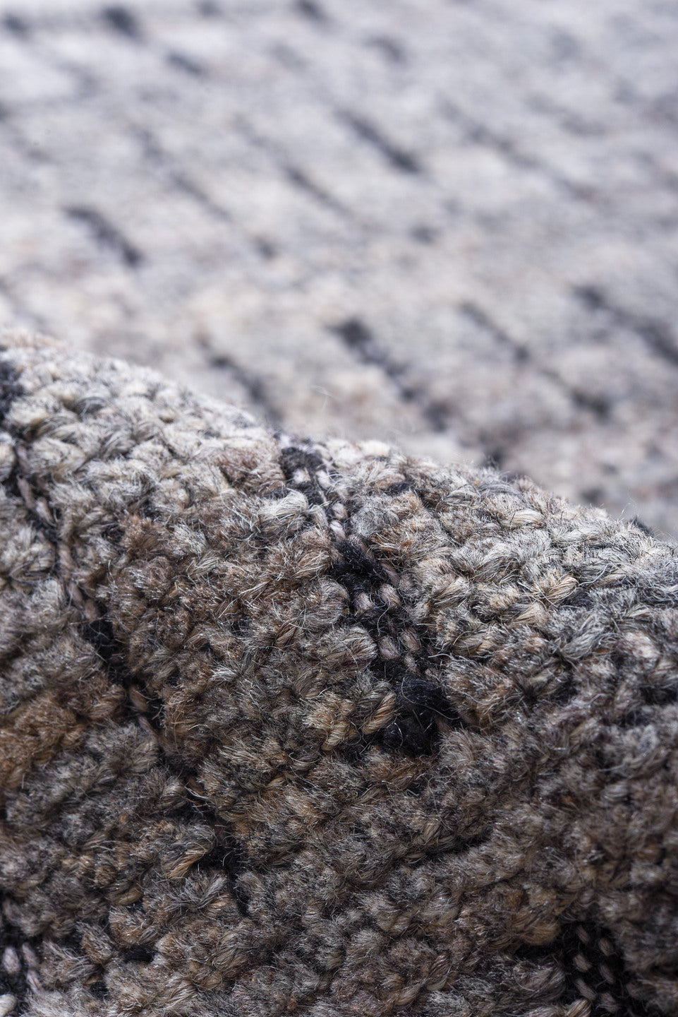 9' x 12' one-of-a-kind handmade vintage Tulu large size rug. Color palette: gray, charcoal, ivory, black
