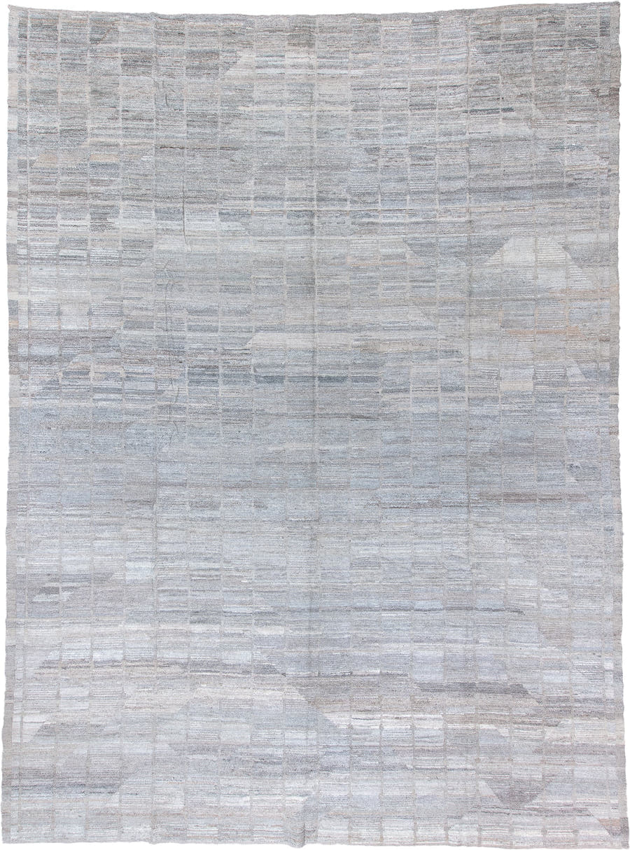 13' x 18' one-of-a-kind handmade vintage Tulu oversize rug. Color palette: ivory, pale gray, taupe, stone, silver