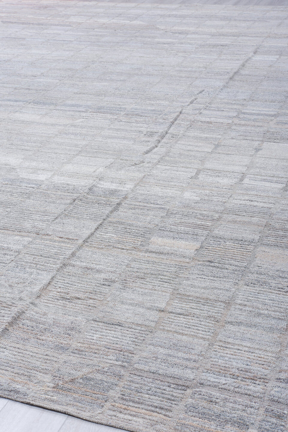 13' x 18' one-of-a-kind handmade vintage Tulu oversize rug. Color palette: ivory, pale gray, taupe, stone, silver