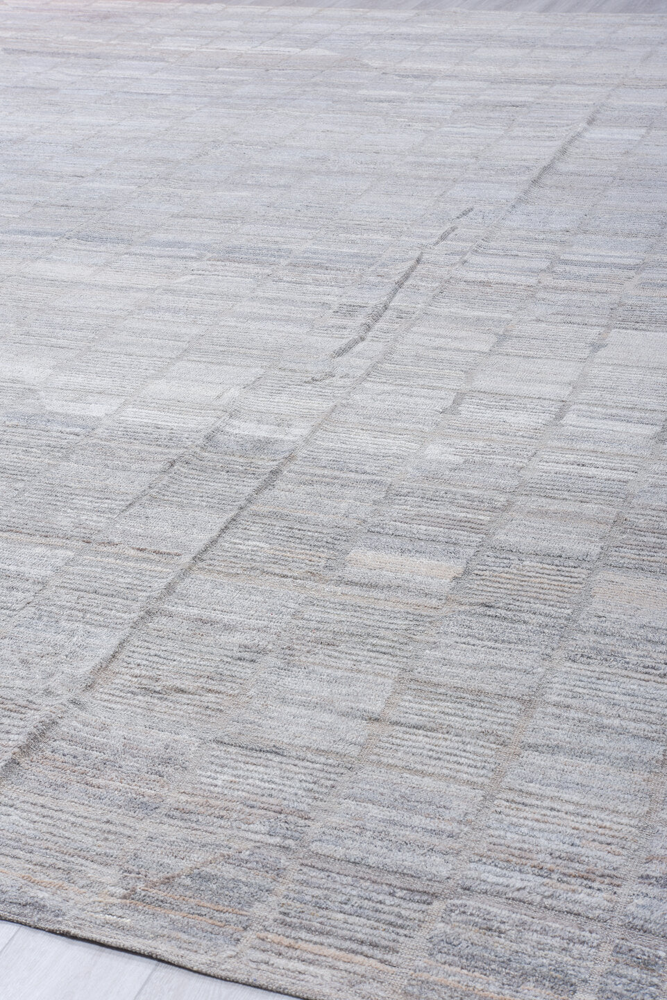13' x 18' one-of-a-kind handmade vintage Tulu oversize rug. Color palette: ivory, pale gray, taupe, stone, silver
