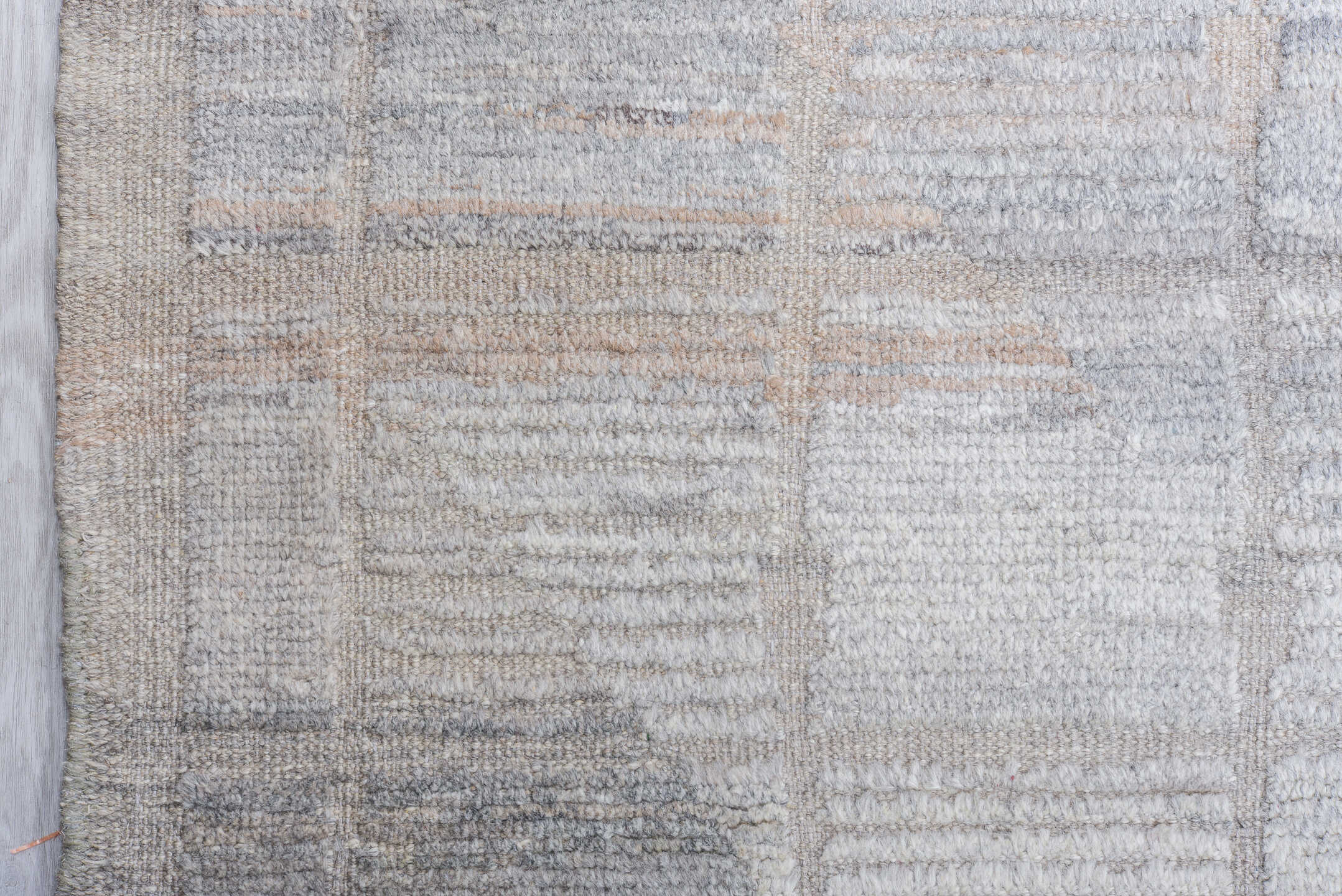 13' x 18' one-of-a-kind handmade vintage Tulu oversize rug. Color palette: ivory, pale gray, taupe, stone, silver
